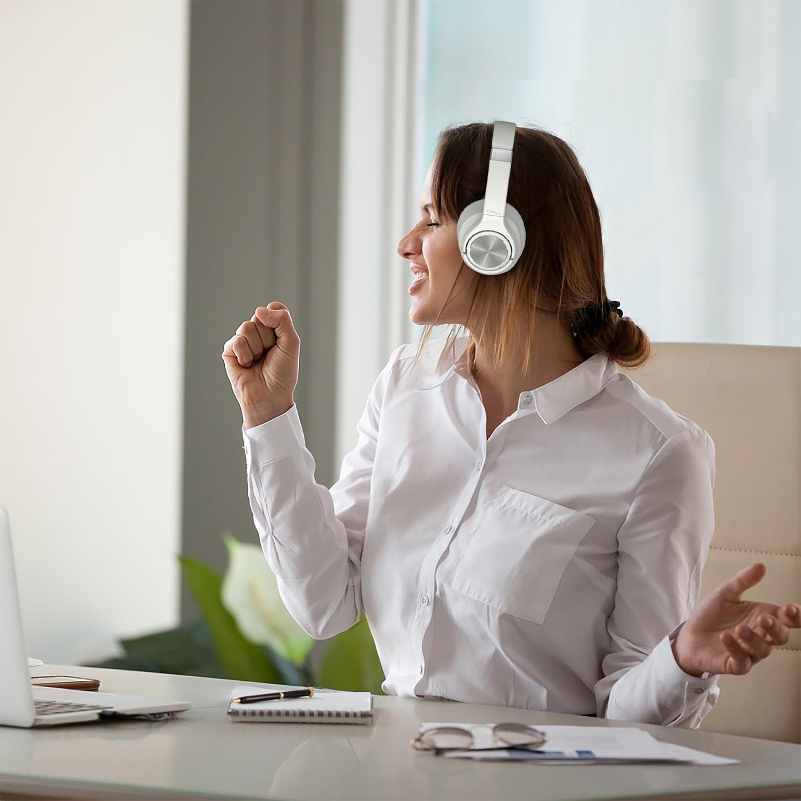 FORALL Hybrid Active Noise Cancelling Wireless Over-Ear Bluetooth Headphones - 60H Playtime, Hi-Res Audio, 3 EQ Modes, Deep Bass - Perfect for Travel, Home Office, Commuting & Gaming (White)
