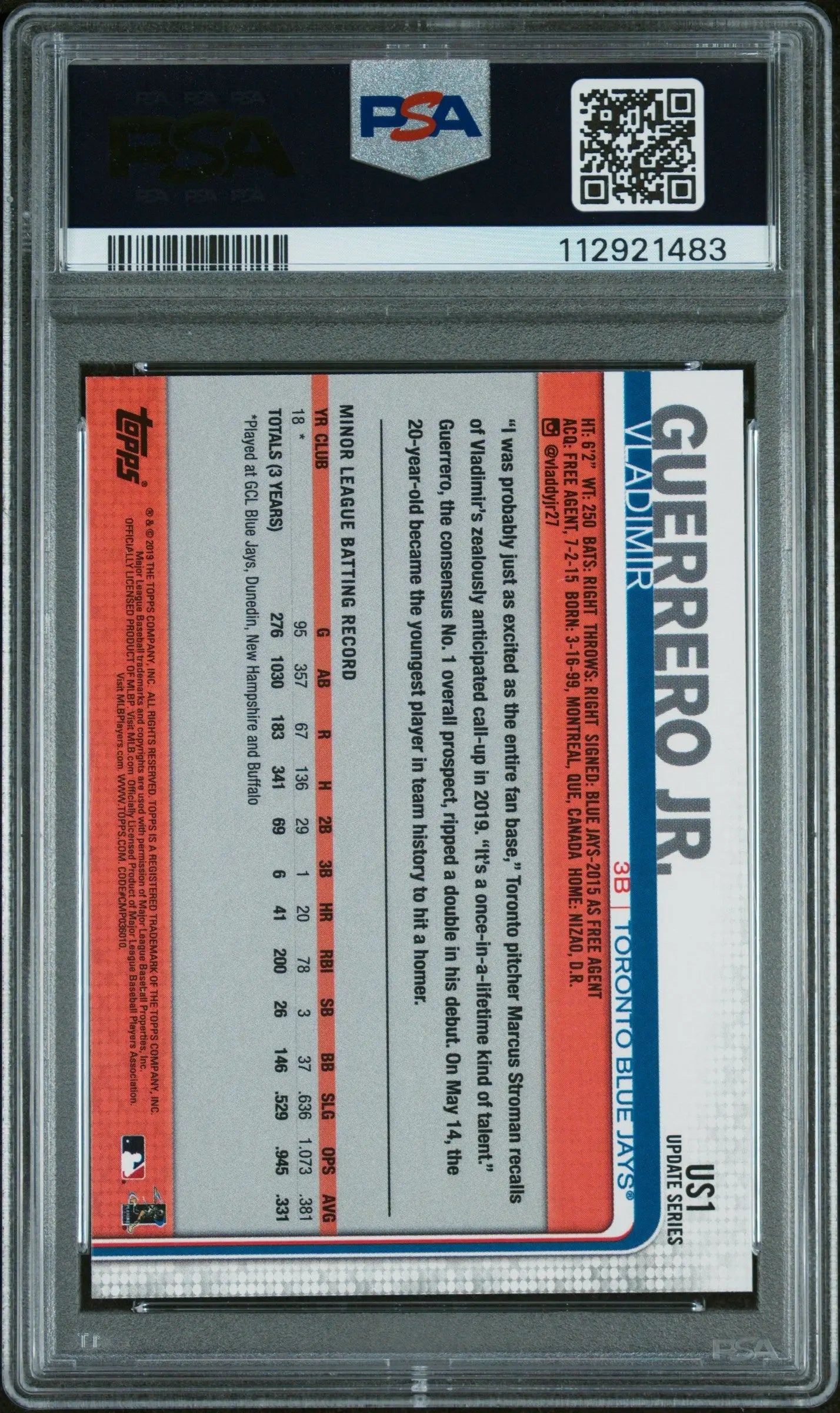 2019 Topps Update Baseball Vladimir Guerrero Jr. RC Rookie Card Throwing Pose PSA 10 Gem Mint - Perfect for Baseball Card Collectors and Sports Memorabilia Enthusiasts
