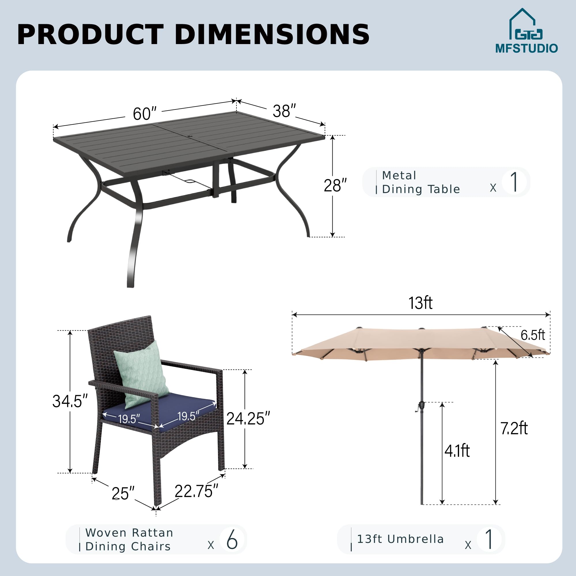 MFSTUDIO 8-Piece Outdoor Patio Dining Set - Rattan Wicker Rectangular Table & 6 Chairs with 13ft Umbrella - Weather-Resistant Metal Frame for Backyard, Garden, Poolside or Terrace Dining