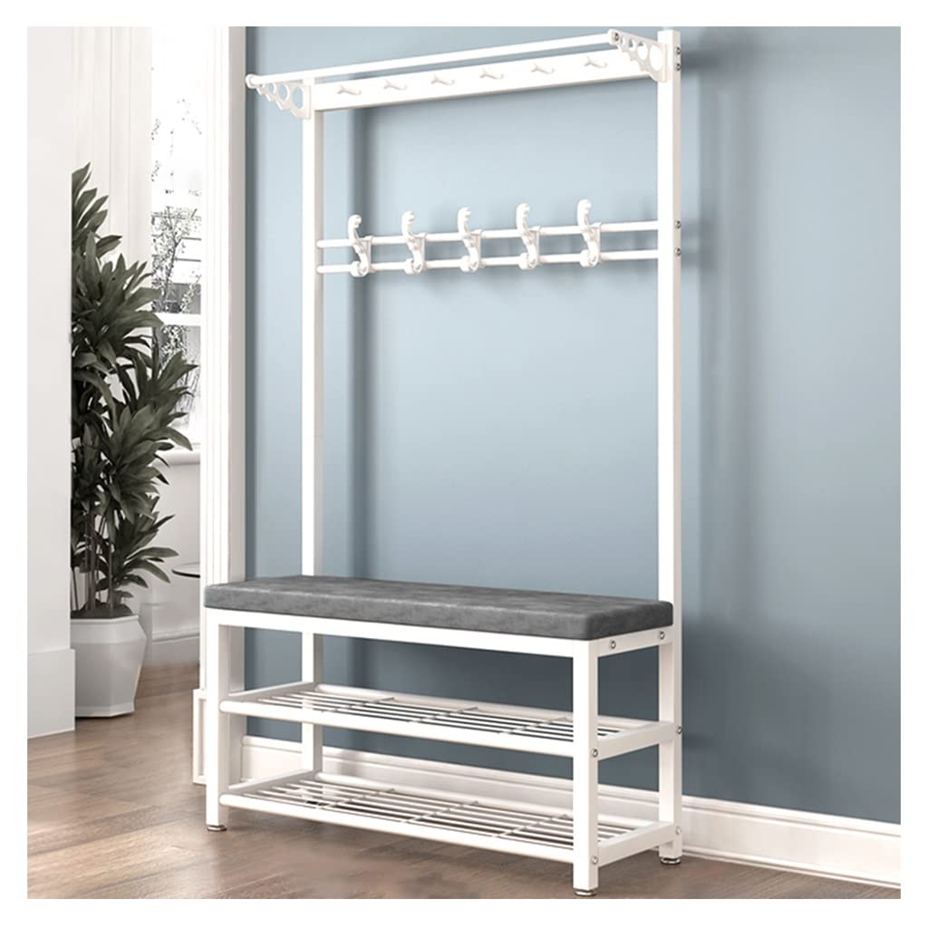 YAWEDA Hall Tree Entryway Bench with Coat Rack - 12 Hooks & Storage Bench, Shoe Organizer, Metal Frame - Easy Assembly (White+Gray, 80x33x170cm) - Perfect for Entryway, Mudroom & Home Organization