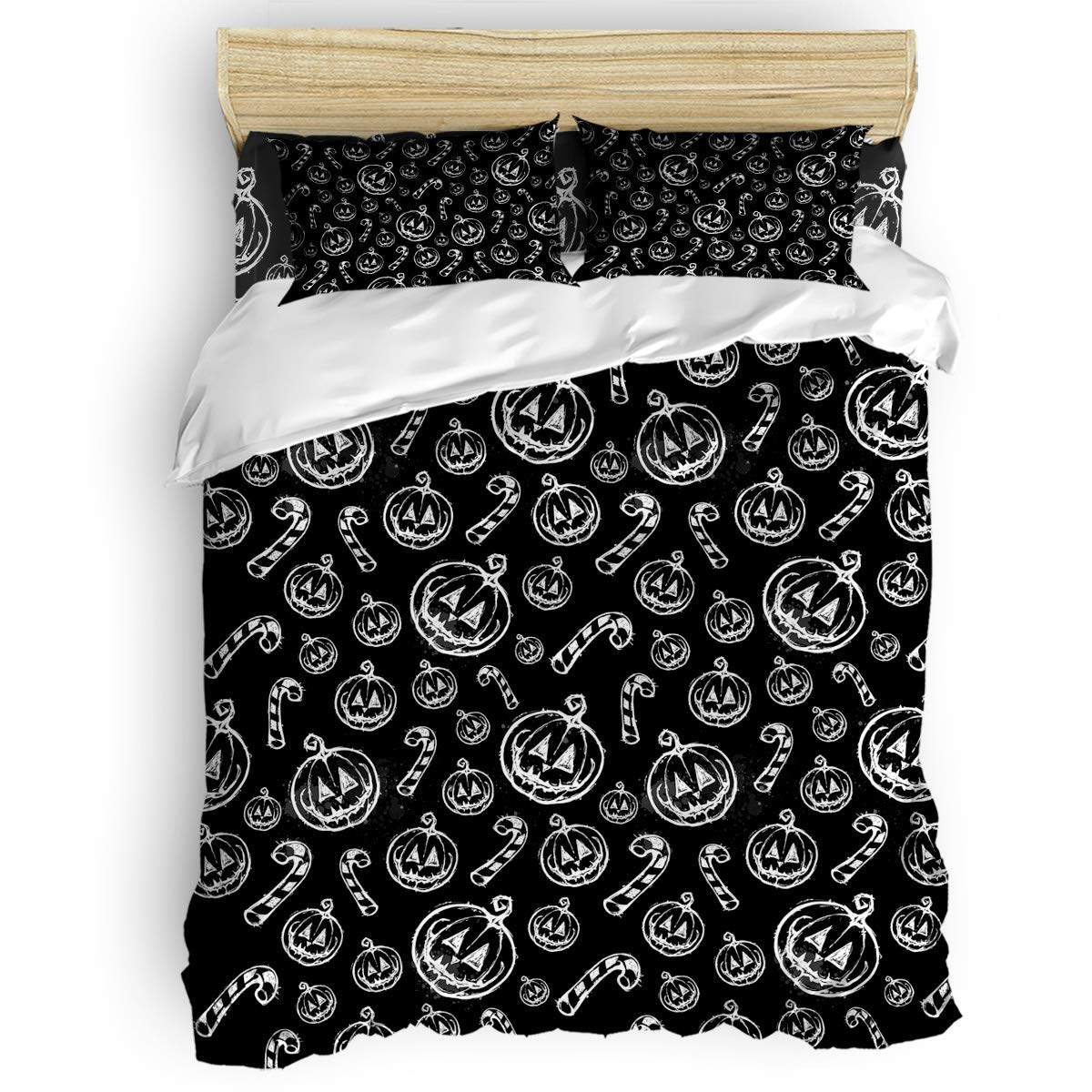 Cute Halloween Pumpkin Grimace Duvet Cover Set for Kids & Adults - Black and White Hand-Painted Design, Includes 1 Comforter Cover, 1 Flat Sheet & 2 Pillowcases - Perfect for Spooky Bedroom Decor, Kids' Room, and Themed Parties
