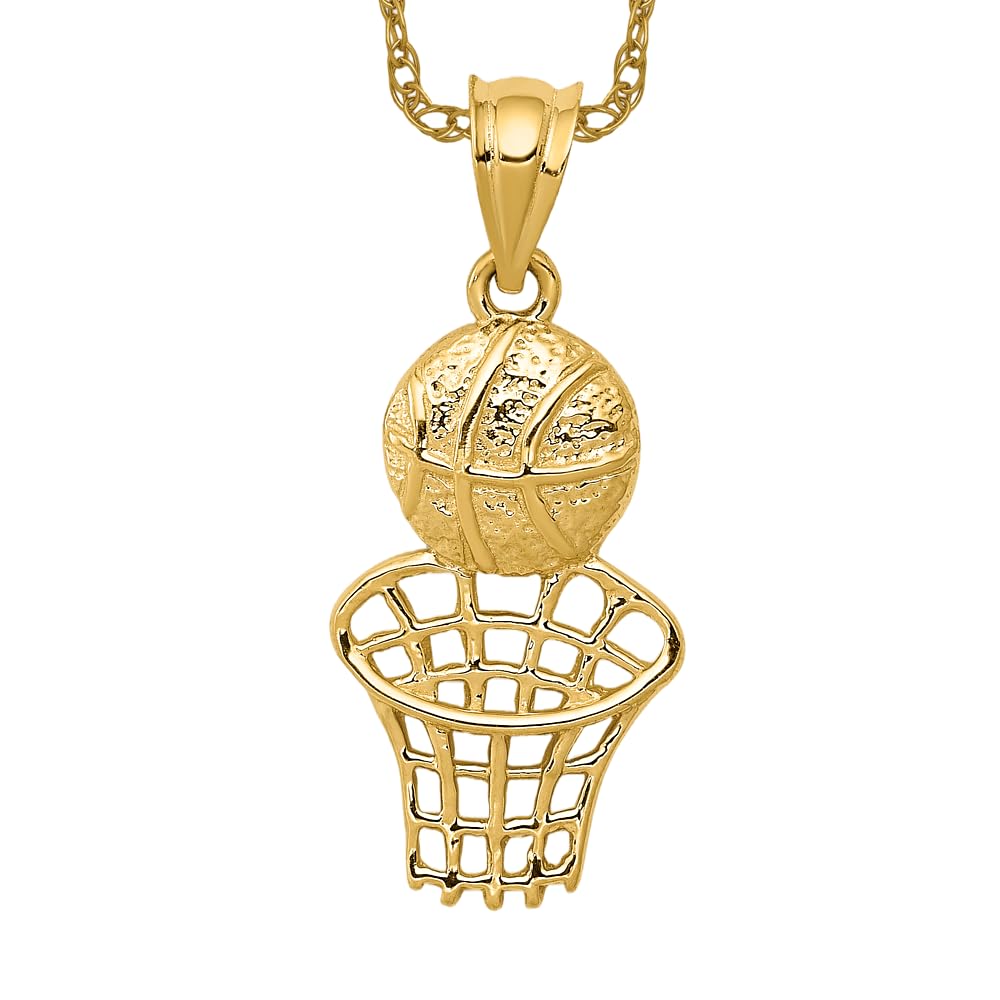 14K Solid Yellow Gold Basketball Hoop Necklace with Net Charm - Sports Jewelry for Women & Men - Perfect for Basketball Fans, Game Day Outfits and Sports-Themed Gifts