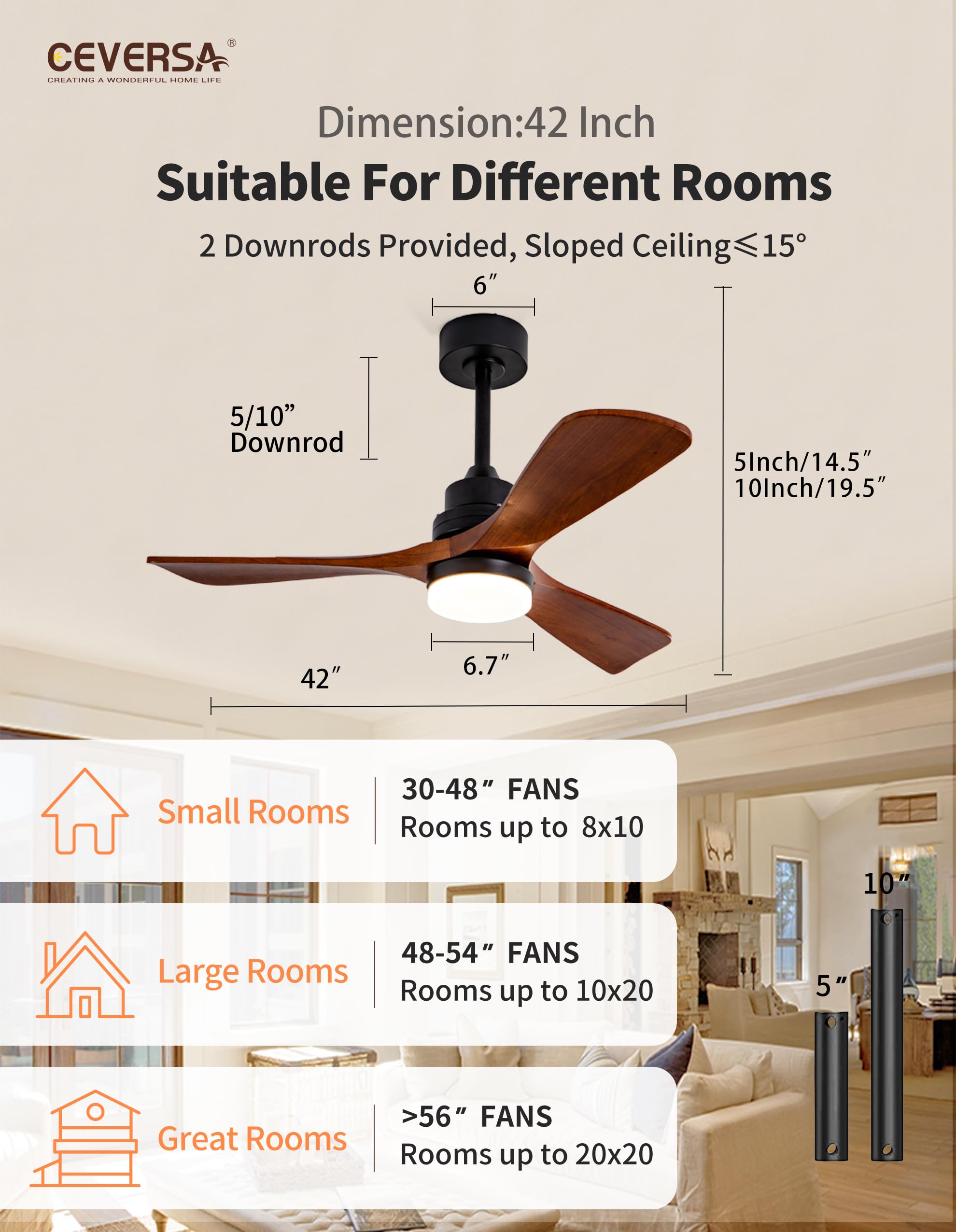 42 Inch Walnut Wood Ceiling Fan with Light Kit & Remote Control - 3 Blade Outdoor/Indoor Reversible DC Motor Fan - Silent Operation for Patio, Living Room, Farmhouse, Bedroom - Perfect for Home Cooling & Decoration