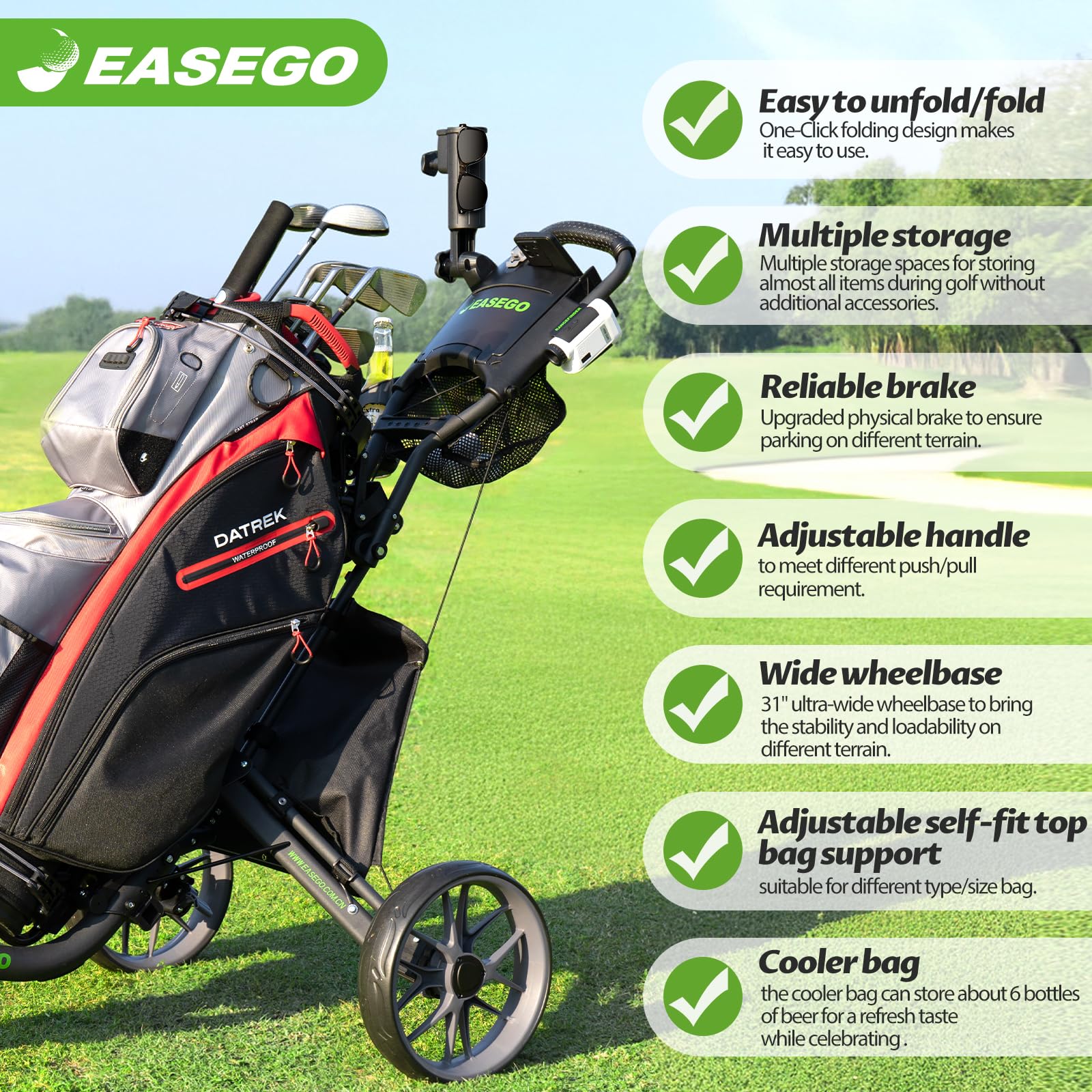 Premium 3-Wheel Golf Push Cart - Foldable Golf Bag Caddy with Phone Holder, Cup Holder & Umbrella Stand | Compact & Lightweight Design for Easy Transport | Ideal for All Terrains - Perfect for Golf Courses, Driving Ranges & Practice Sessions