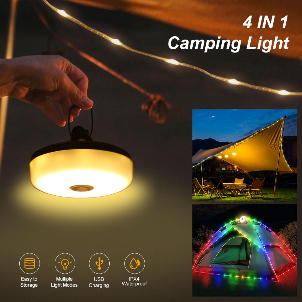 2 Pack 32.8ft Waterproof Camping String Lights - 4-in-1 Outdoor Fairy Lights with 8 Lighting Modes, USB Rechargeable & Battery Indicator, Durable for Camping, Backyard, Hiking, Patio & Garden Decor - Portable & Easy to Store