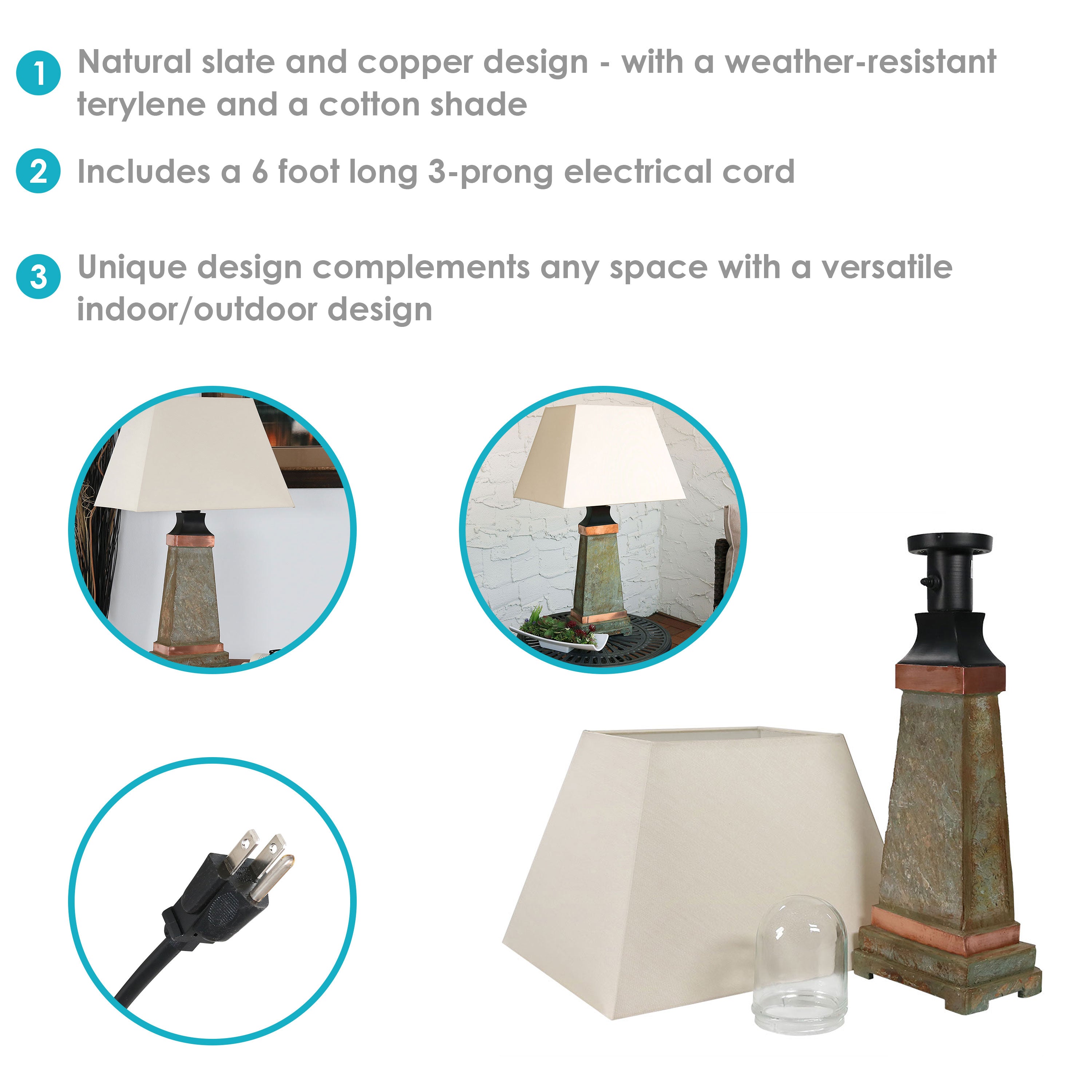 Sunnydaze Copper Trimmed Slate Outdoor Table Lamp - 30 Inch Height - Weather-Resistant Patio Lighting for Garden, Porch & Backyard Decor