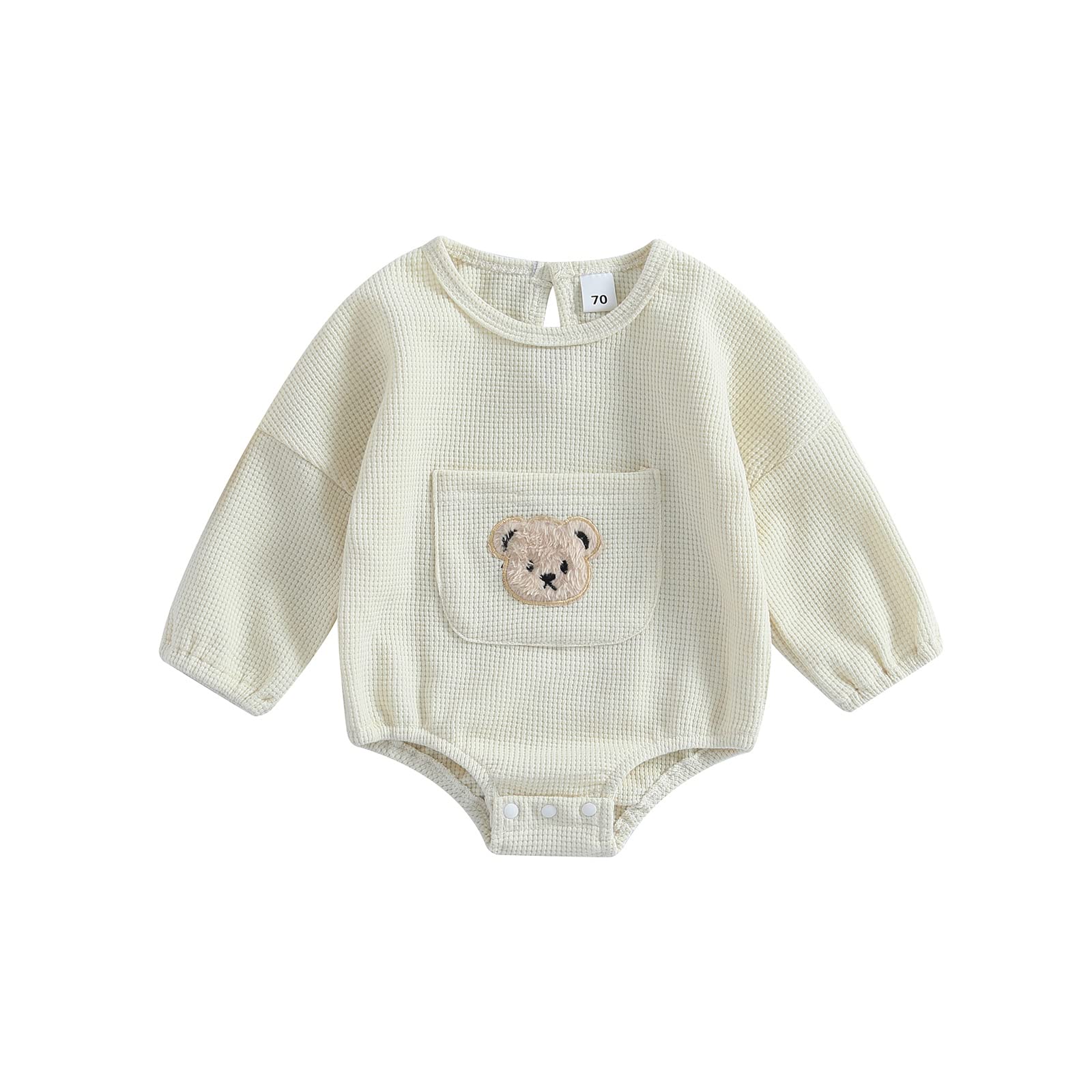 Newborn Baby Boy & Girl Romper - Long Sleeve Bear Print with Front Pocket | Waffle Knit Bodysuit Top | Soft & Cozy Fall Winter Outfit for Infants | Perfect for Playdates, Family Photos & Holiday Gatherings