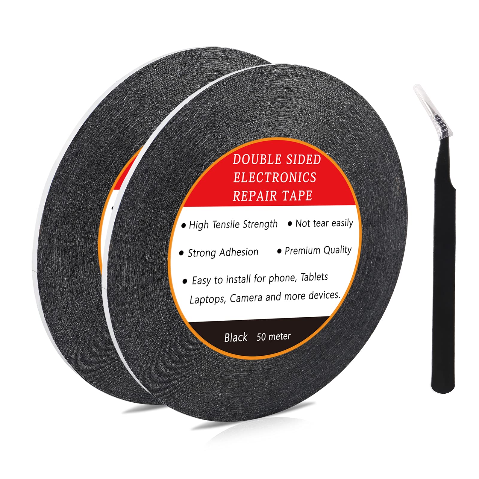 2-Pack Double Sided Heavy Duty Adhesive Tape - 3mm x 50m Strong Bonding Tape for Phone, Tablet, Laptop & Camera Repair - Includes 1 Precision Tweezers (Black) | DIY Fixes, Home Repairs & Electronics Maintenance