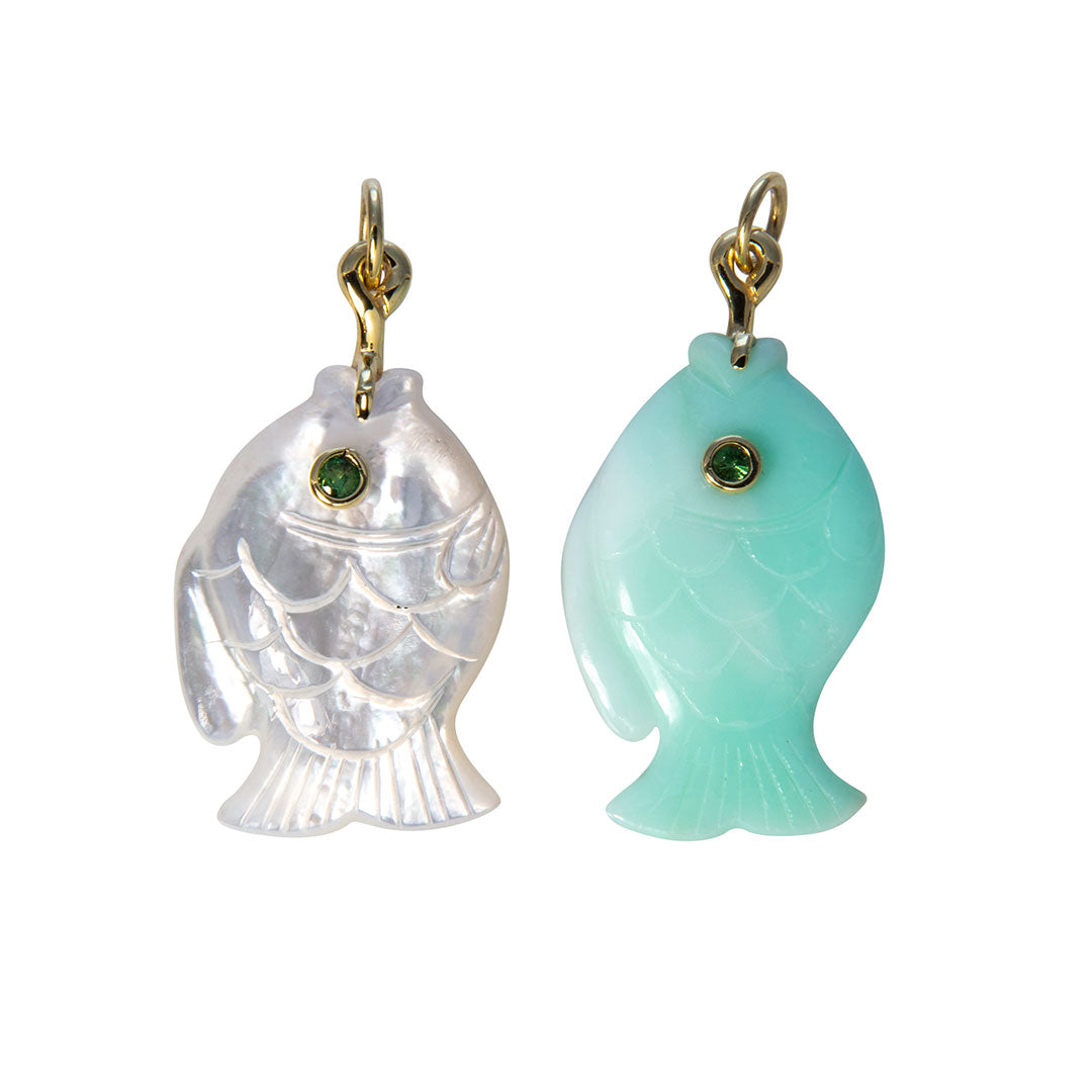14K Gold Fish Pendant with Mother of Pearl & Tsavorite Gemstones - Elegant Jewelry Gift for Women, Perfect for Birthdays, Anniversaries & Special Occasions