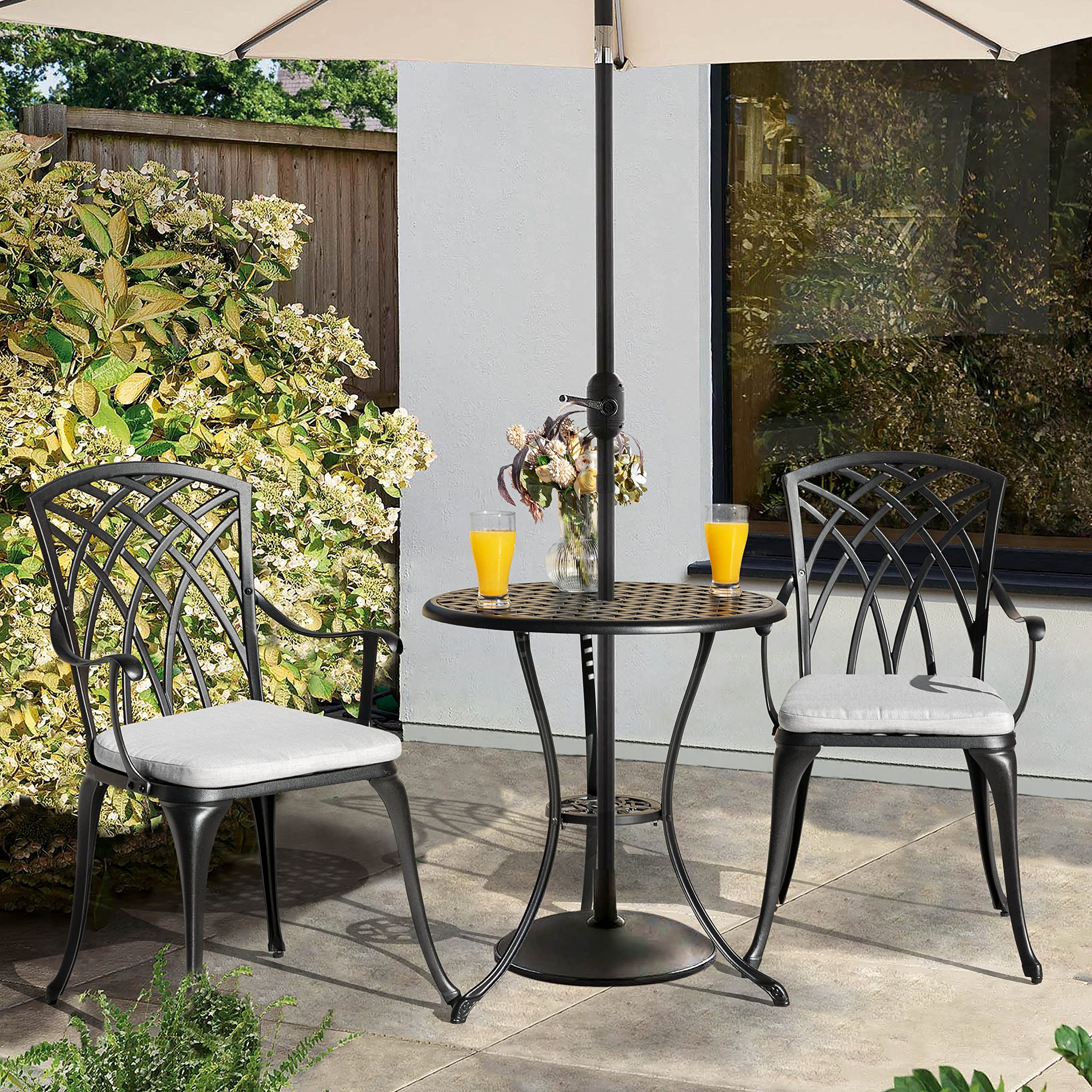 NUU GARDEN 3-Piece Outdoor Bistro Set - Black Cast Aluminum Patio Table with Umbrella Hole & Gray Cushions - Perfect for Balcony, Garden, or Backyard Dining