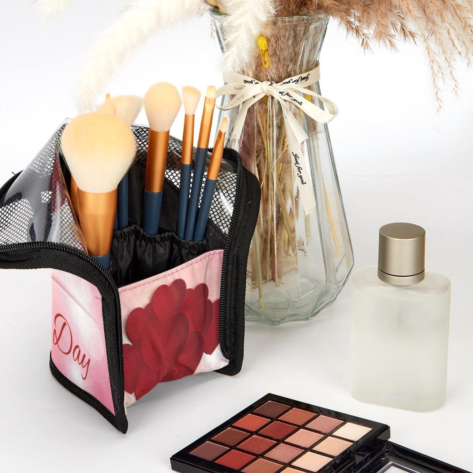 12-Piece Makeup Brush Organizer Bag with Valentine's Day Heart Card - Portable Cosmetic Brush Holder Case for Travel & Home Storage - Perfect Gift for Makeup Lovers & Professionals