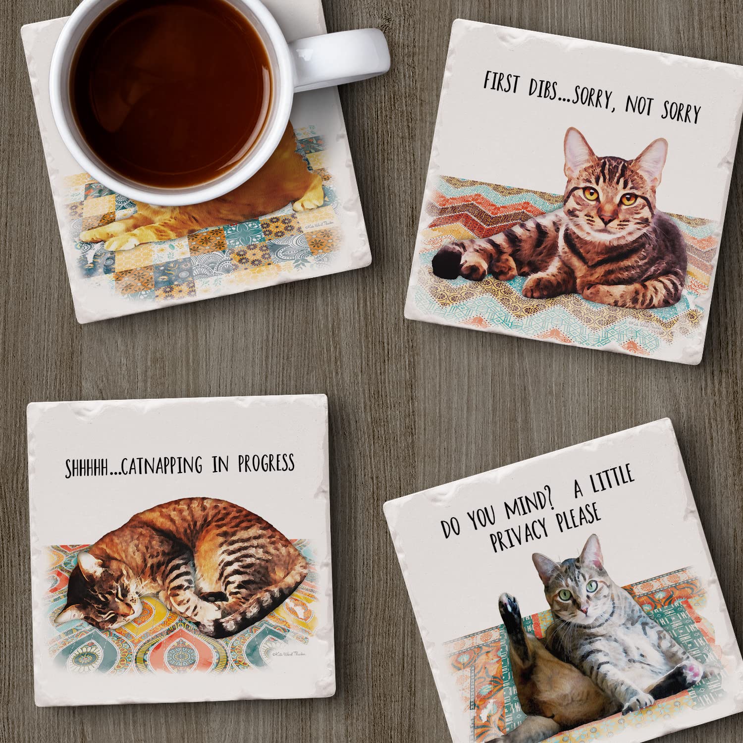 Thirstystone Cat Nappy 4-Pack Absorbent Tumbled Tile Stone Coasters - Made in USA, Easy to Clean - Perfect for Coffee Tables, Home Decor & Pet Lover Gifts