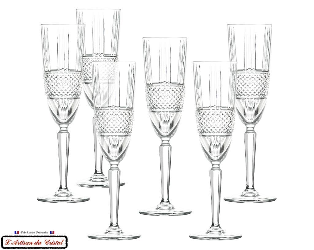 Premium 6-Piece Champagne Crystal Glasses Set - 19 cl (6 fl oz) Capacity - Elegant Diamant Cut Design by Klein House - Handcrafted by Artisan du Cristal - Luxury Gift Box - Stamped Klein 54120 Baccarat France - Perfect for Weddings, Anniversaries & Special Celebrations