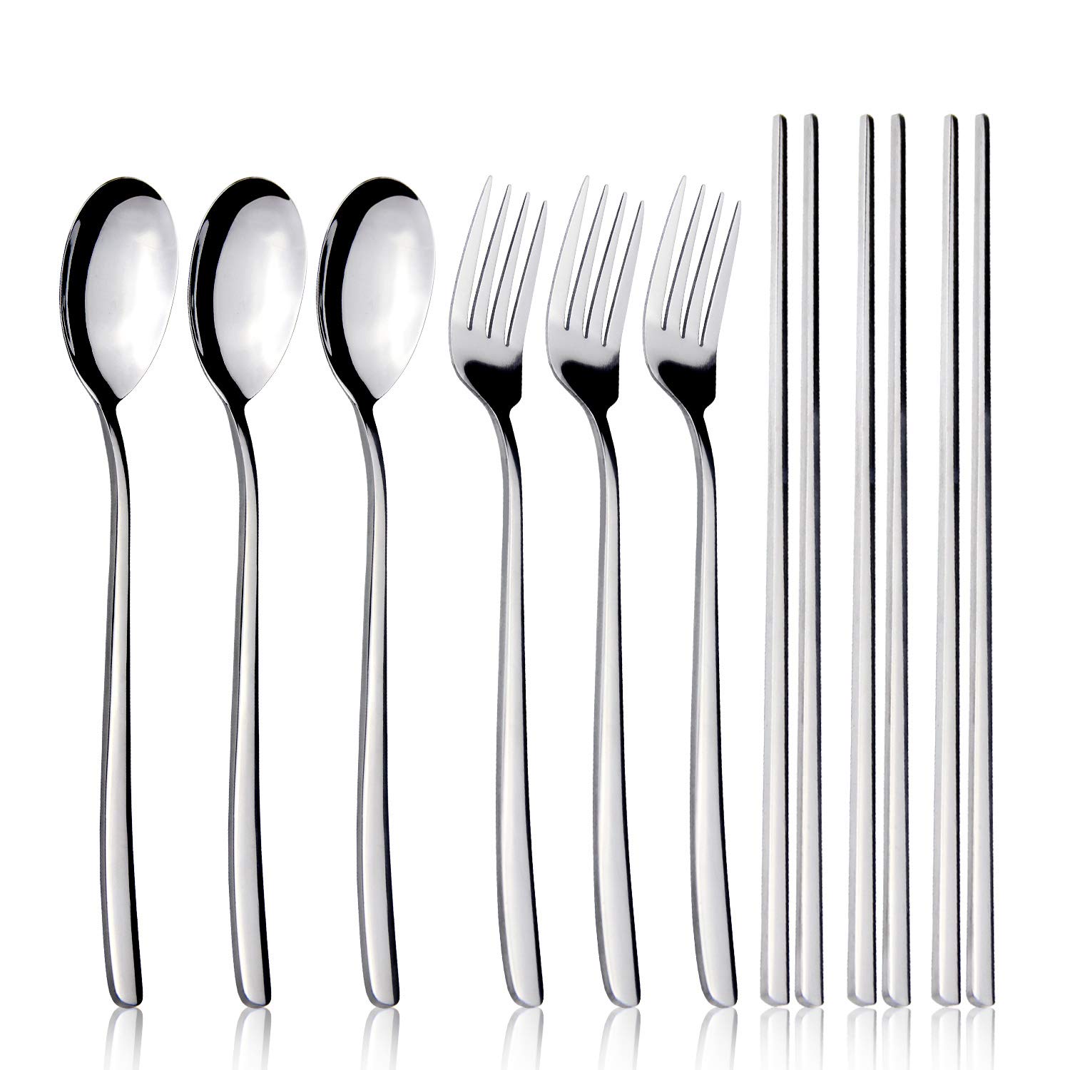 IQCWOOD Stainless Steel Korean Flatware Set - 3 Pairs Chopsticks, Forks & Spoons - Durable Silverware Utensils for Home, Travel & Picnics - Perfect for Korean BBQ, Asian Dining & Outdoor Activities