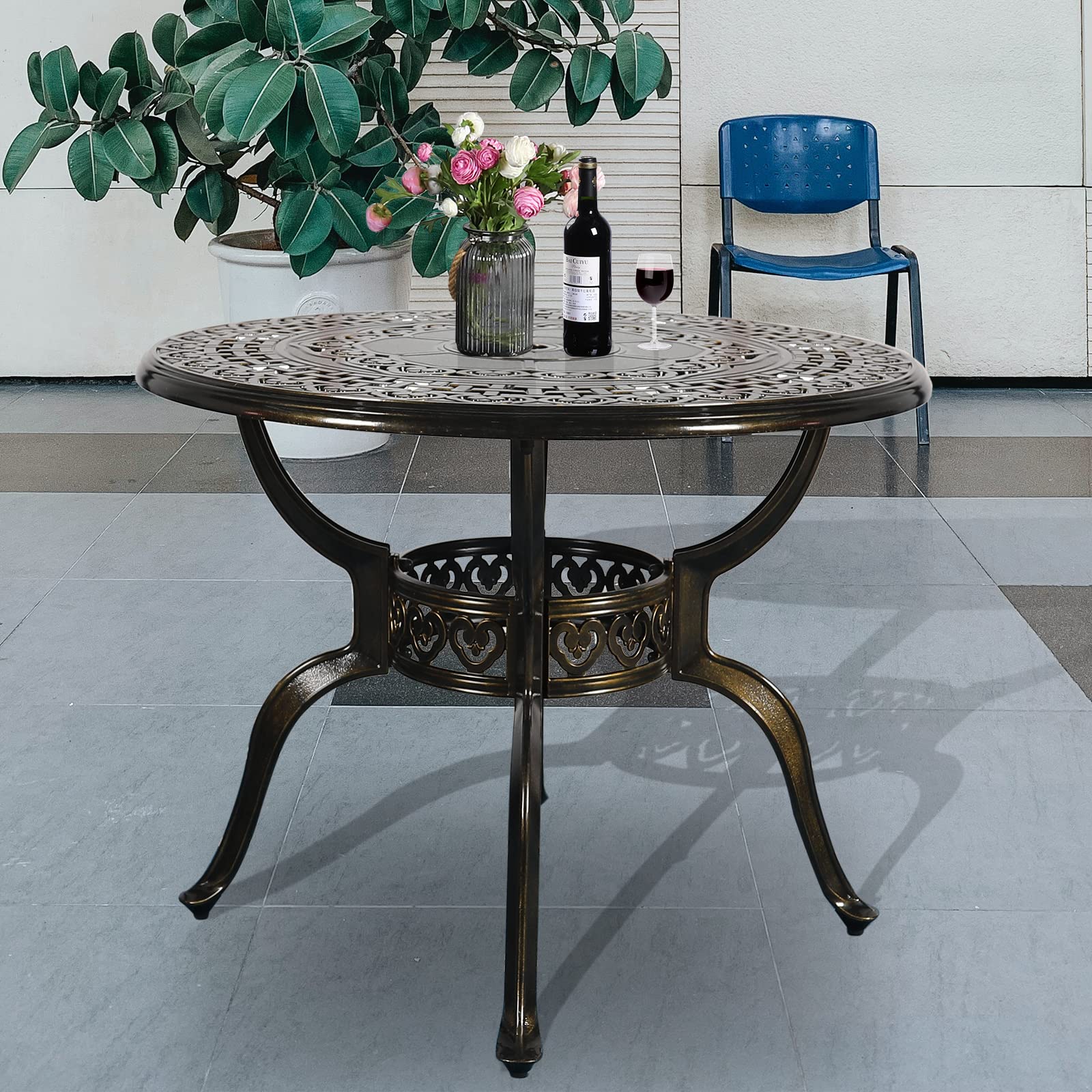 38.5 Inch Round Outdoor Dining Table - Bronze Cast Aluminum Rustic Patio Table with Umbrella Hole | Perfect for Backyard, Garden, Poolside & BBQ Gatherings