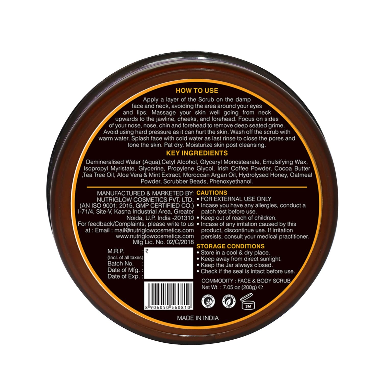 NutriGlow NATURAL'S Organic Raw Irish Coffee & Cocoa Butter Face & Body Scrub with Oatmeal - Exfoliating, Hydrating & Detoxifying Treatment for Smooth Skin - Perfect for Spa Day & At-Home Self Care Routine, 200g