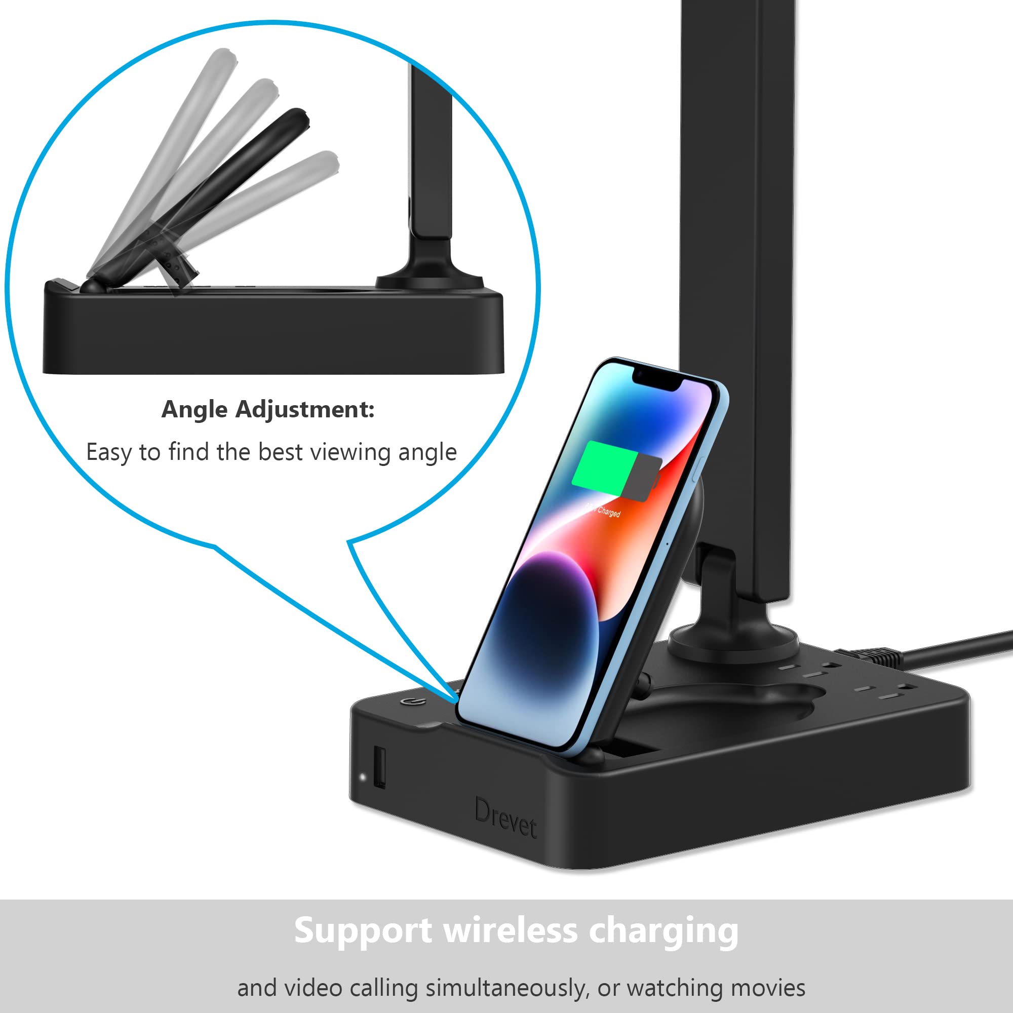 Drevet LED Desk Lamp with Wireless Charger & USB Port - 3 Lighting Modes, Adjustable Brightness, Touch Control - Foldable Eye-Caring Light for Home Office, Study, Reading & Nightstand Use