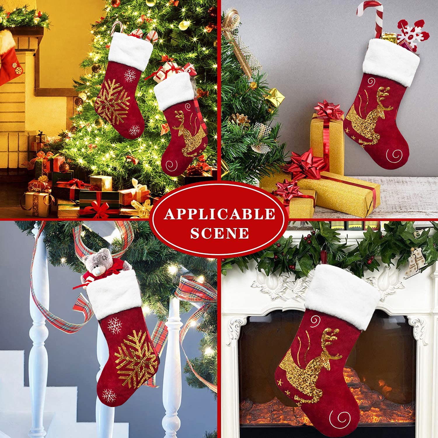 4-Pack Gold Sequins Burgundy Red Velvet Christmas Stockings Set with Snowflake Reindeer Holders - 18 Inch Holiday Decor for Fireplace Mantel, Xmas Tree, Gift Bags & Festive Home Decorations