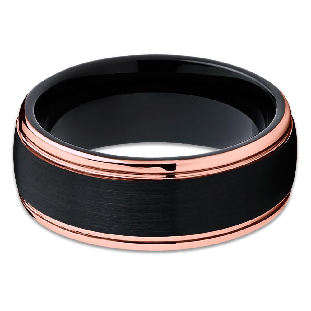 Rose Gold Tungsten Wedding Ring for Men & Women - 18k Rose Gold Plated Black Tungsten Band - Anniversary & Engagement Ring - Comfort Fit Brushed Finish - Perfect for Weddings, Proposals & Special Occasions