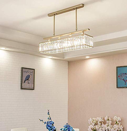 LITFAD Modern Rectangle Pendant Light - 4-Light Gold Metal Chandelier with Clear Crystal LED Hanging Fixture for Living Room, Dining Room, Restaurant & Bar | Elegant Lighting for Home Decor and Commercial Spaces