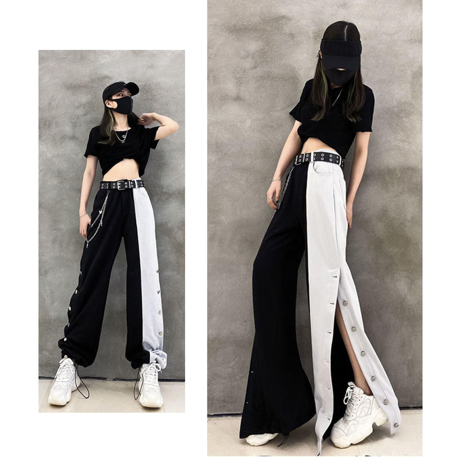 Gothic Pants for Women - High Waisted Straight Leg Trousers in Black & White | Harajuku Style Wide Leg Pants for Casual Wear, Street Fashion & Alternative Outfits