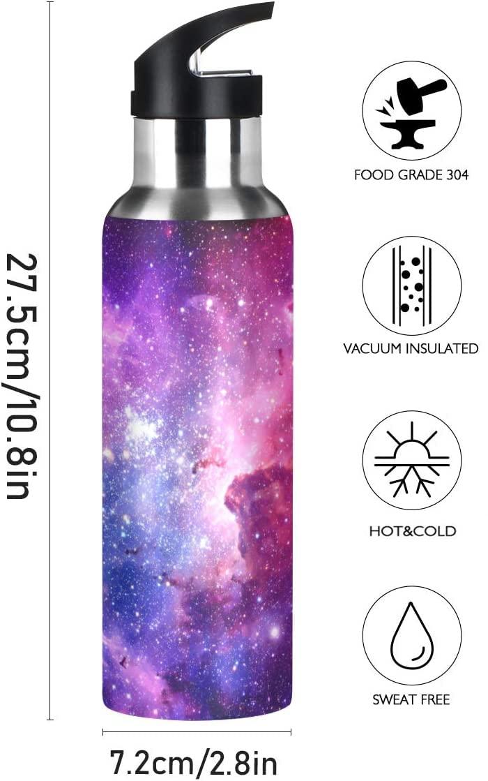 Purple Galaxy Stainless Steel Water Bottle 20 oz - Double Wall Vacuum Insulated, Leak-Proof with Straw Lid - Perfect for Gym, Hiking & Outdoor Activities