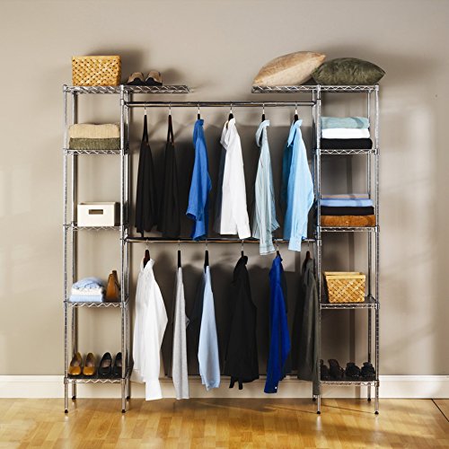 Expandable Clothes Storage Metal Rack - Double Rod Closet Organizer with Adjustable Shelves (58