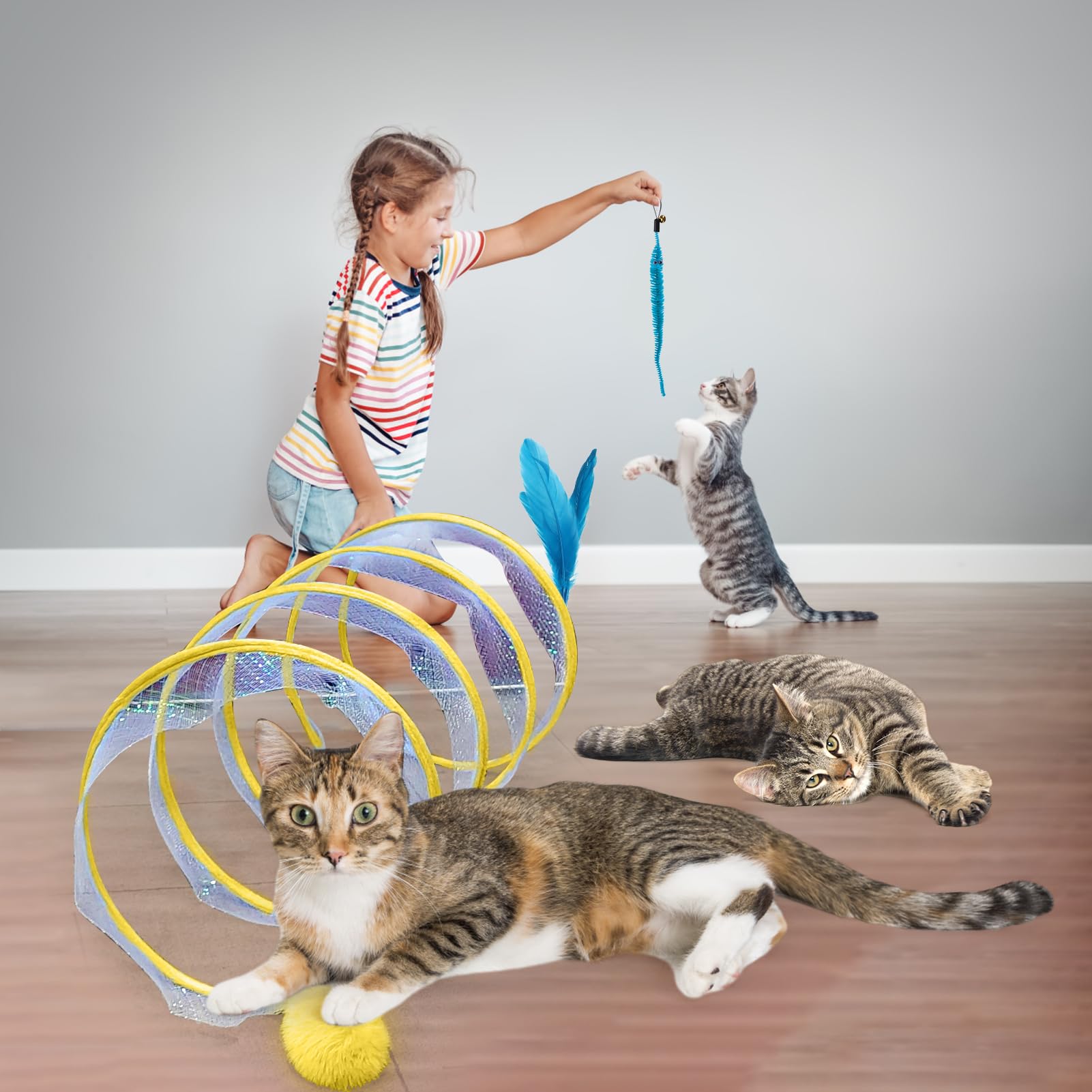 Foldable S-Shaped Cat Tunnel Toy for Indoor Cats - Interactive Play with Ribbon, Bell, Feather & Pom Pom Balls - Stress Relief & Exercise for Kittens - Perfect for Playtime, Training & Bonding (Yellow)