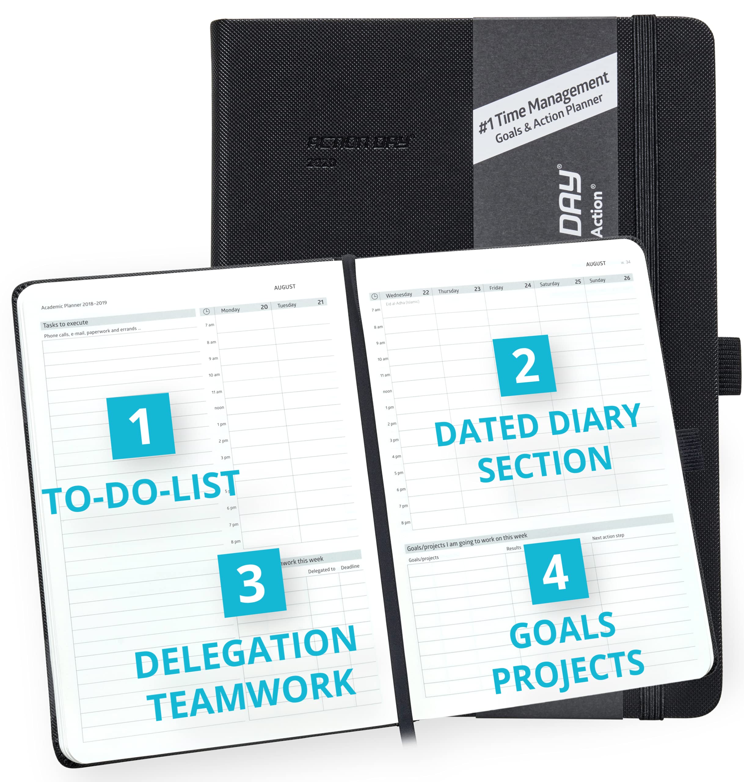 Action Day 2025 Weekly Planner - Productivity Planner with To-Do Lists, Goal Tracking & Project Management - 8x11 Dated Daily Diary (Black) - Perfect for Professionals, Students & Busy Moms