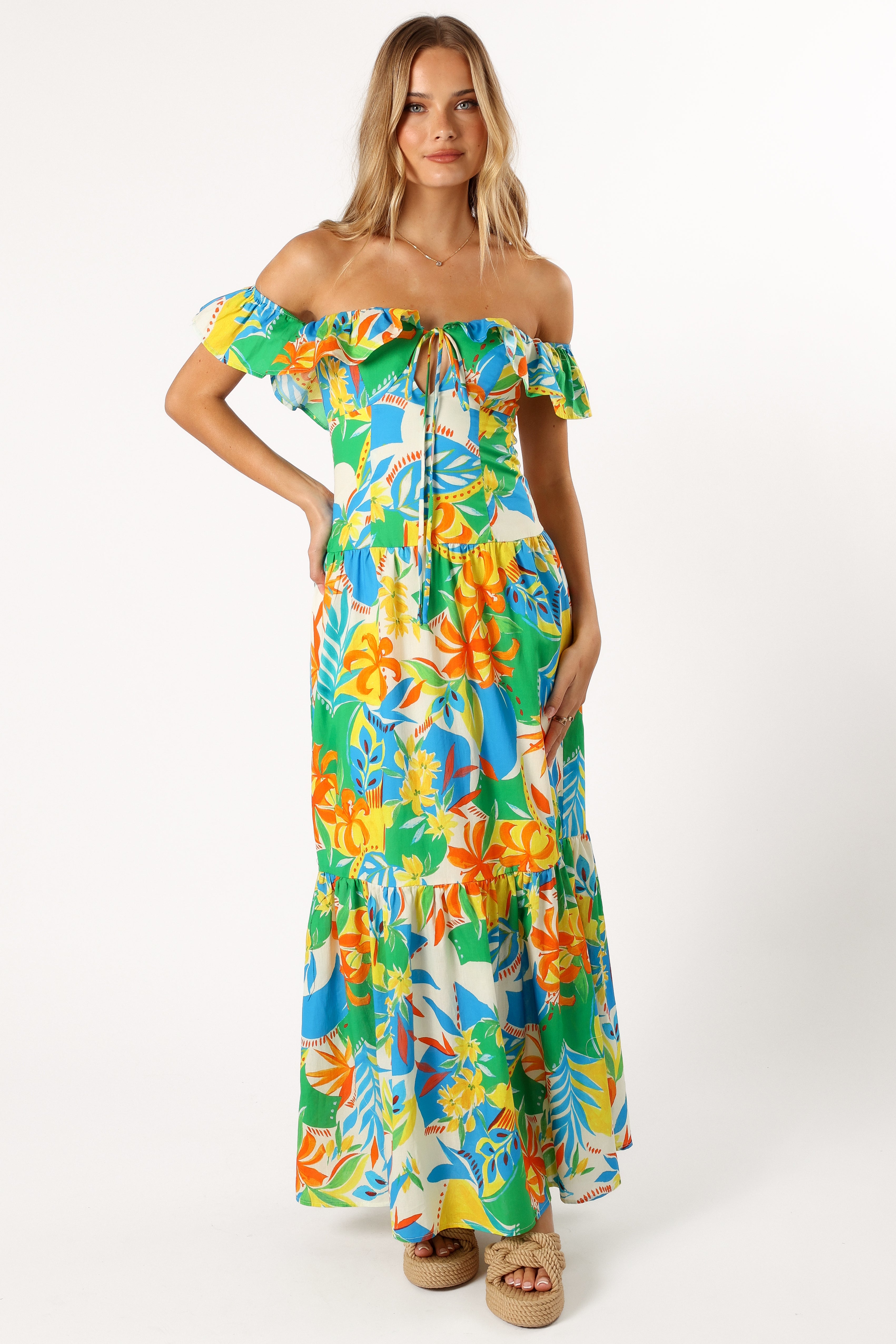 Harriet Off Shoulder Maxi Dress - Floral Malta Print Summer Beach Dress for Women | Perfect for Vacations, Weddings & Date Nights