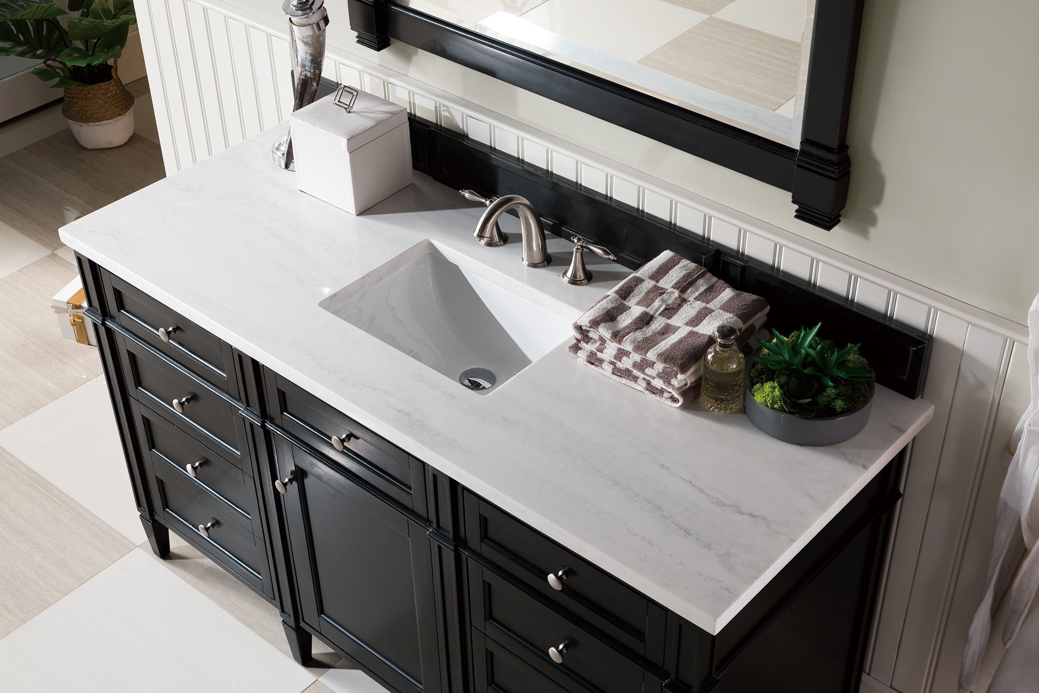 Brittany 60 Inch Single Bathroom Vanity with Black Onyx Base & 3CM Arctic Fall Solid Surface Top - Perfect for Modern Master Bathrooms & Guest Suites