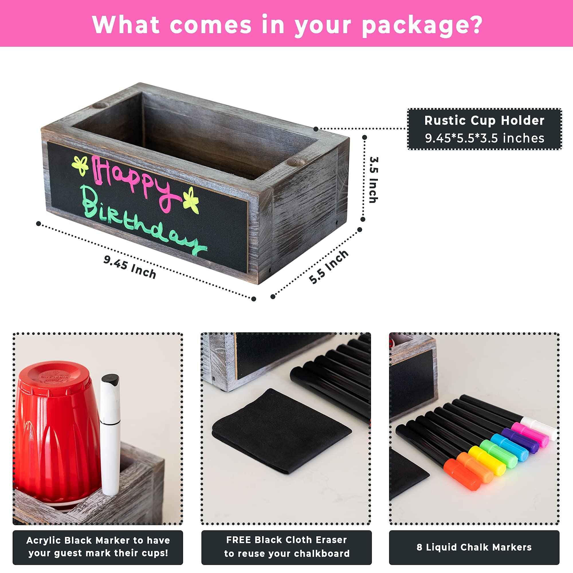 Double Cup Holder with Marker Slot & Chalkboard - Includes 8 Chalk Markers & Drink Labels - Plastic Organizer for Bathroom Cups, Red Party Cups & Disposable Drinkware - Perfect for Home, Office & Party Events