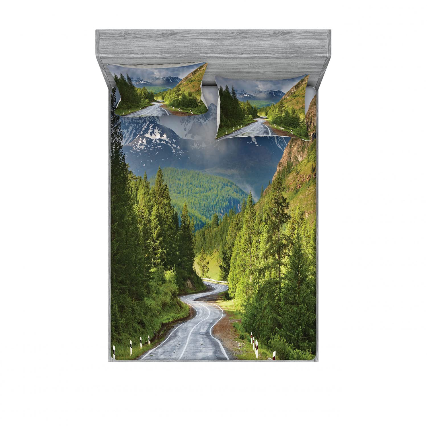 Ambesonne 2-Pack Queen Size Fitted Sheet Set with 4 Pillow Shams - Mountain Landscape Road Design in Green Grey Brown | Soft Bedding Decor for Master Bedroom, Guest Room & Vacation Homes