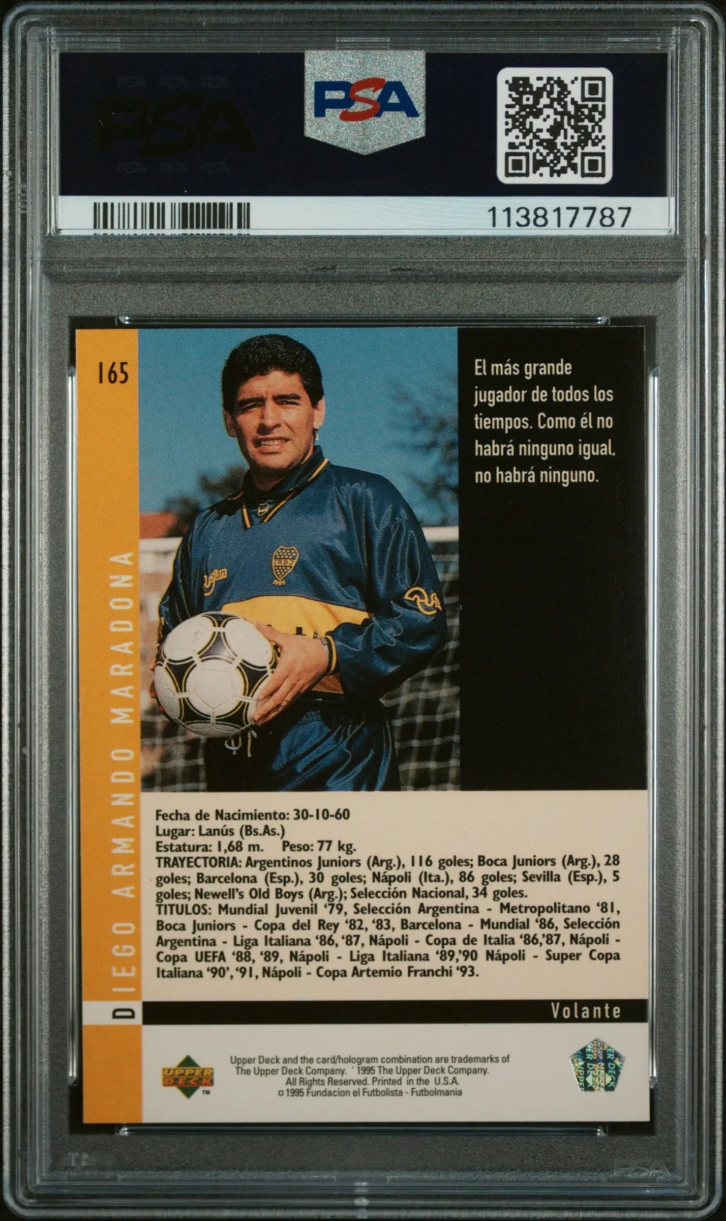 1995 Upper Deck Futbol Argentino Diego Maradona 1st Jersey PSA 9 #165 - Rare Soccer Trading Card for Collectors & Fans - Perfect for Display, Investment & Memorabilia Collections