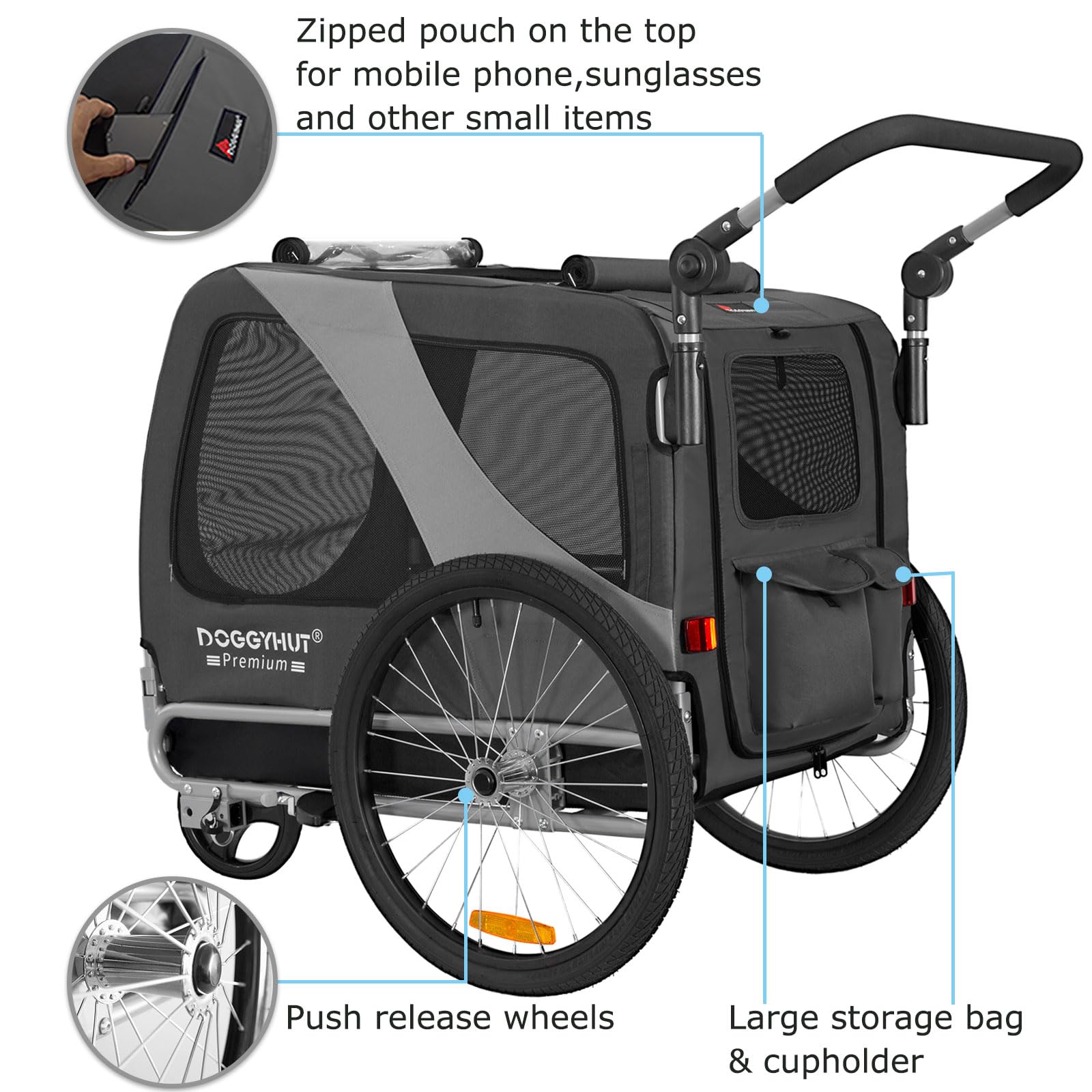 DOGGYHUT® Premium Large/XL Pet Bike Trailer & Stroller for Big Dogs - Heavy Duty Bicycle Carrier with Low Center Gravity, Parking Brakes & Easy Fold Frame - Perfect for Cycling, Jogging and Outdoor Adventures with Your Dog