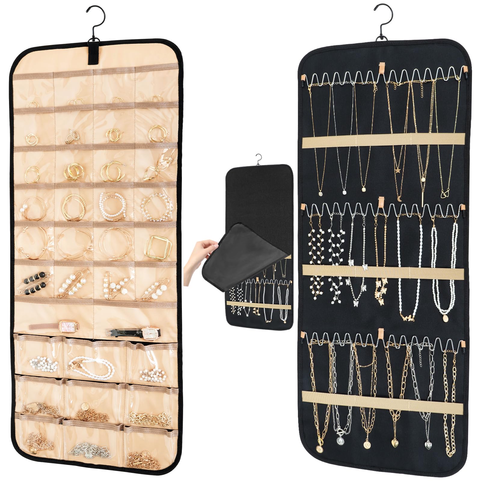 Hanging Jewelry Organizer for Closet - Necklace Earring Holder with Dustproof Cover & Rotating Metal Hook - Large Black Jewelry Storage Display Stand (1 Piece) - Perfect for Bedroom, Bathroom, and Travel Organization
