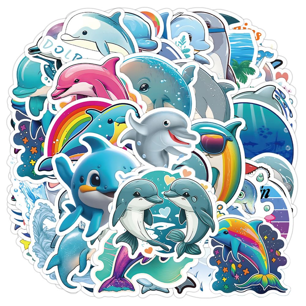 50pcs Waterproof Dolphin Stickers - Cute Cartoon Dolphin Decals for Kids, Teens, Students - DIY Vinyl Stickers for Phone, Laptop, Skateboard, Luggage, Guitar, Water Bottles - Perfect for School, Travel, and Room Decor