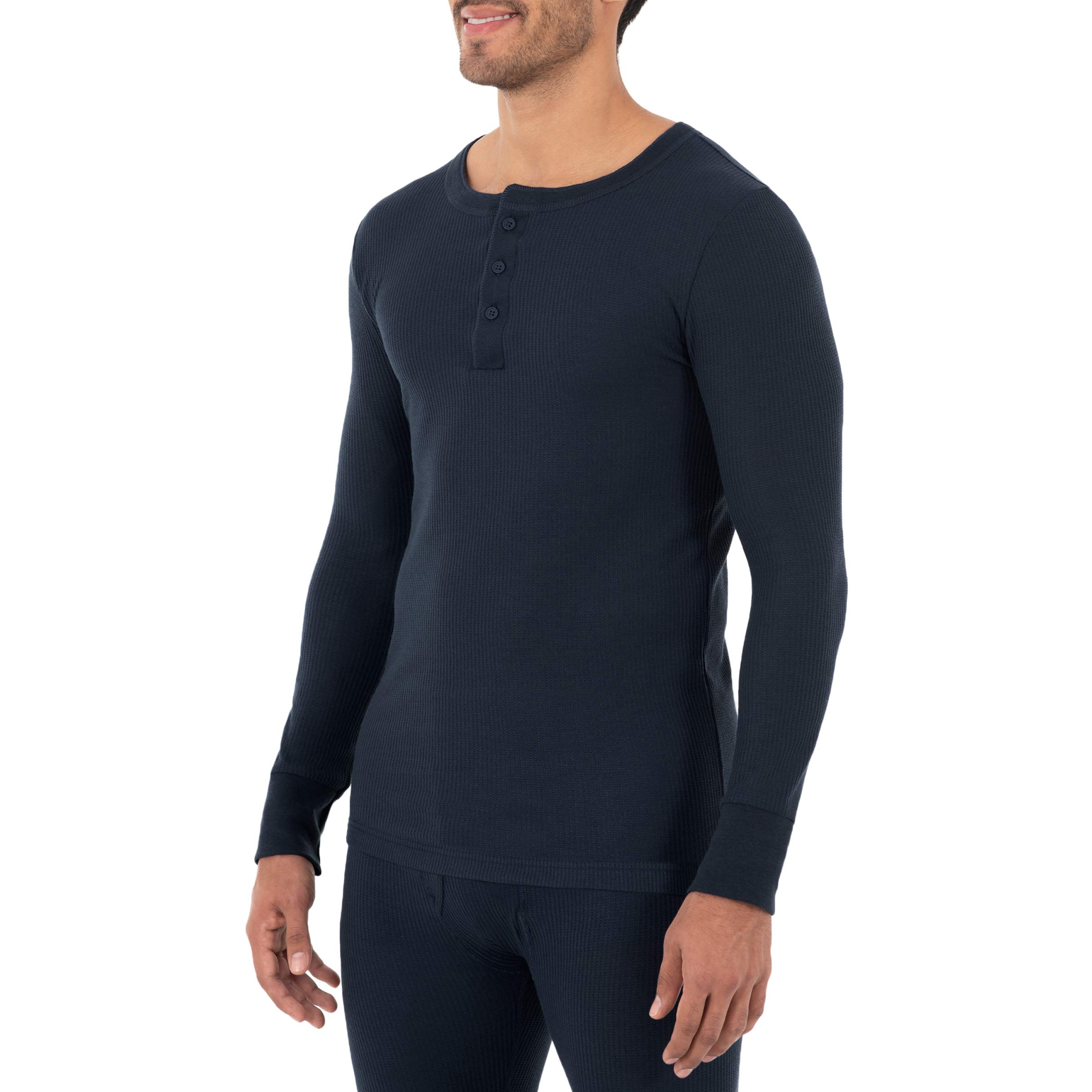 Fruit of the Loom Men's Recycled Waffle Thermal Henley Top - Eco-Friendly Long Sleeve Base Layer for Cold Weather, Hiking & Outdoor Activities