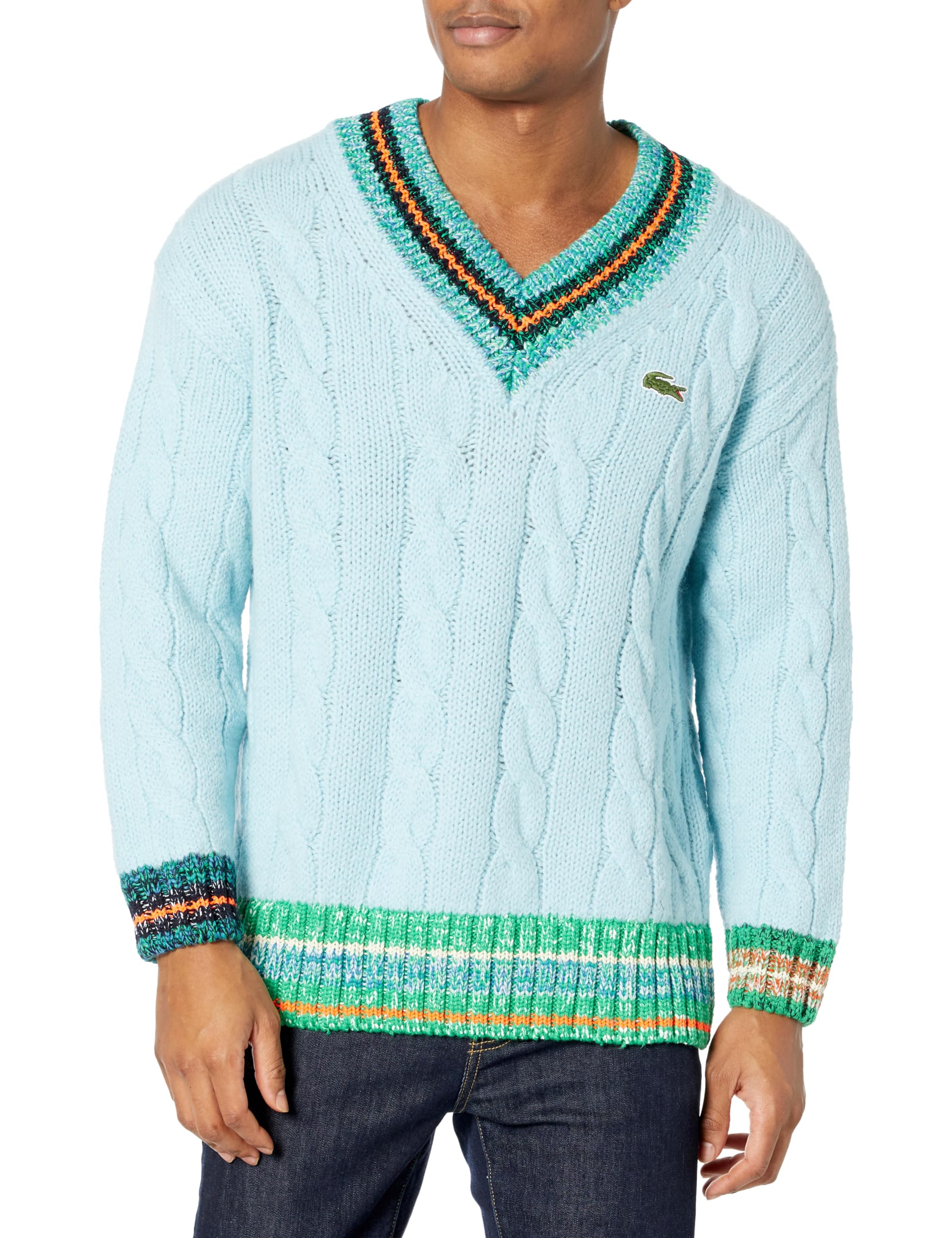 Lacoste Men's Long Sleeve V-Neck Colorblock Cableknit Sweater - Warm Winter Pullover for Casual & Office Wear