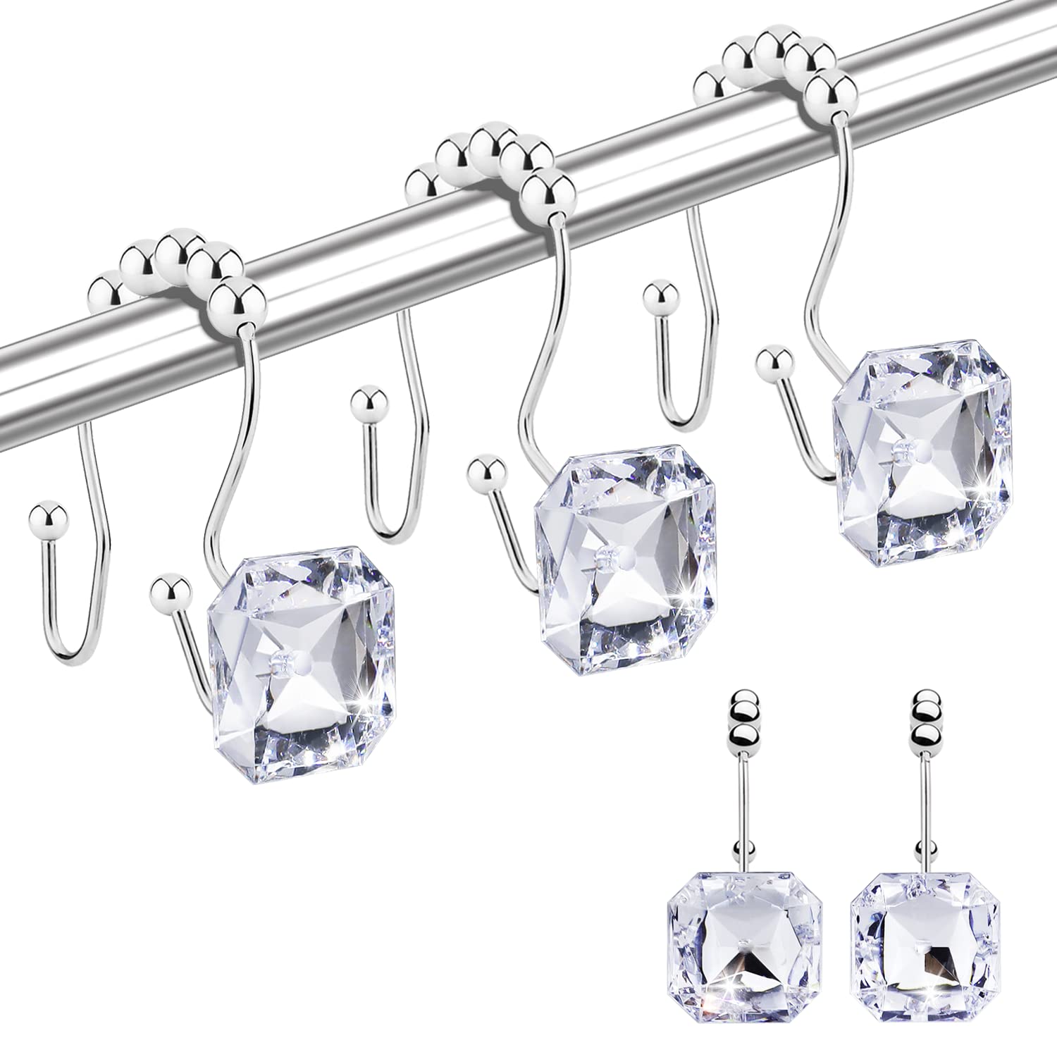 12PCS Crystal Rhinestone Shower Curtain Hooks - Anti-Rust Double Glide Rings for Bathroom, Shower Curtains, Towels & Clothing Hangers - Elegant Clear Design for Spa-Like Bathroom Decor