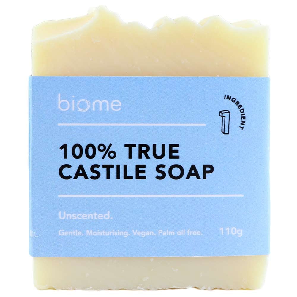 Biome True Castile Soap Bar - 100% Pure Olive Oil, Unscented, 110g - Gentle Cleansing for Face, Body & Baby Care - Eco-Friendly Vegan Soap