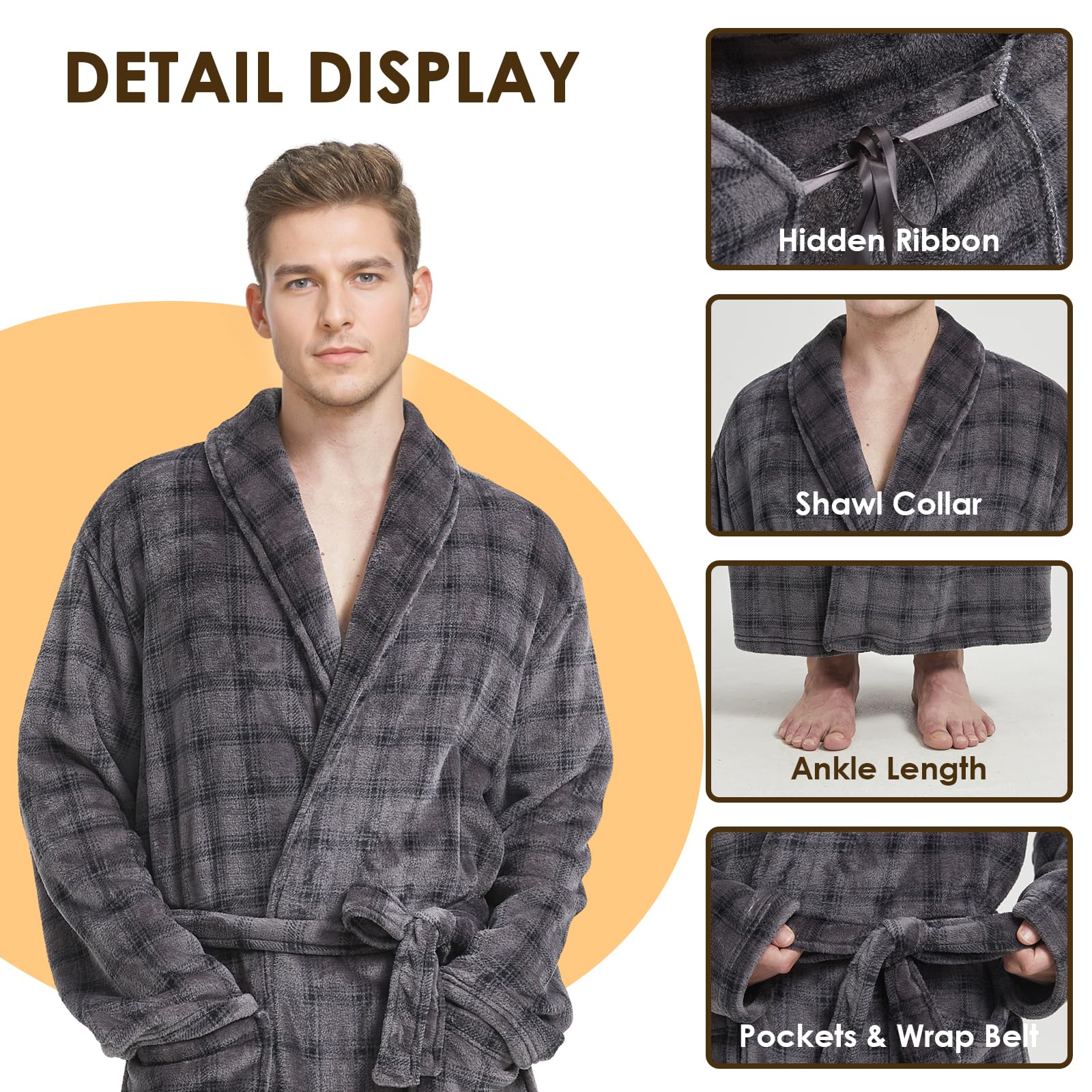 Men's Big & Tall Fleece Plush Bathrobe - Full Length Shawl Collar Plaid Robe for Men - Warm & Cozy Loungewear for Home, Spa, and Relaxation
