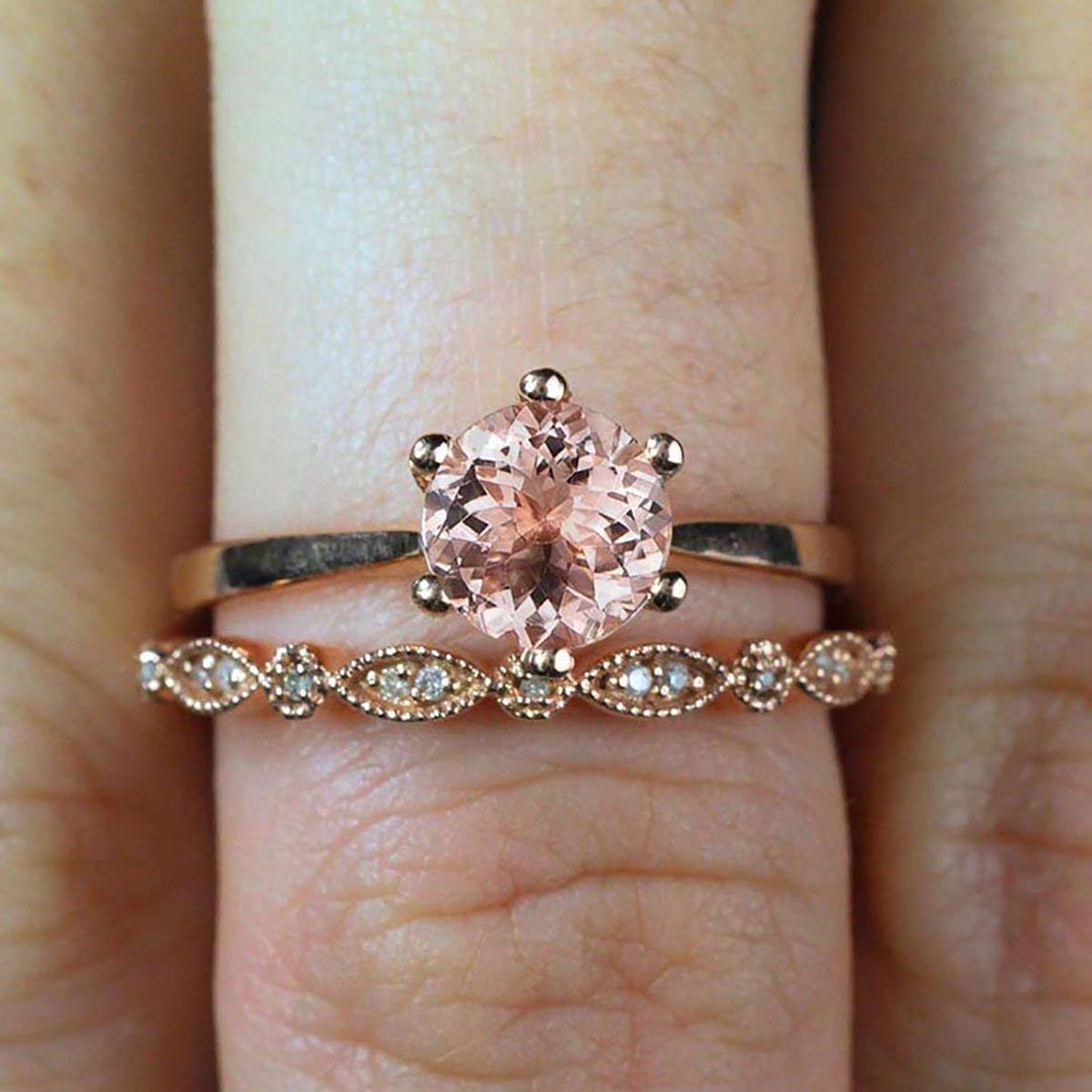 1.25 Carat Round Cut Morganite & Diamond Wedding Ring Set in 18K Gold Plating - Vintage Bridal Jewelry for Engagement, Anniversary & Special Occasions