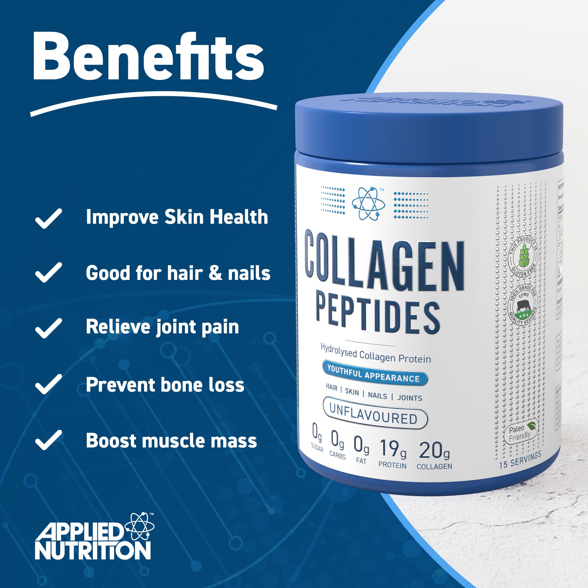 Applied Nutrition Collagen Peptides Powder 300g - Unflavored Hydrolyzed Collagen for Skin, Hair & Joint Support - Perfect for Smoothies, Coffee & Baking