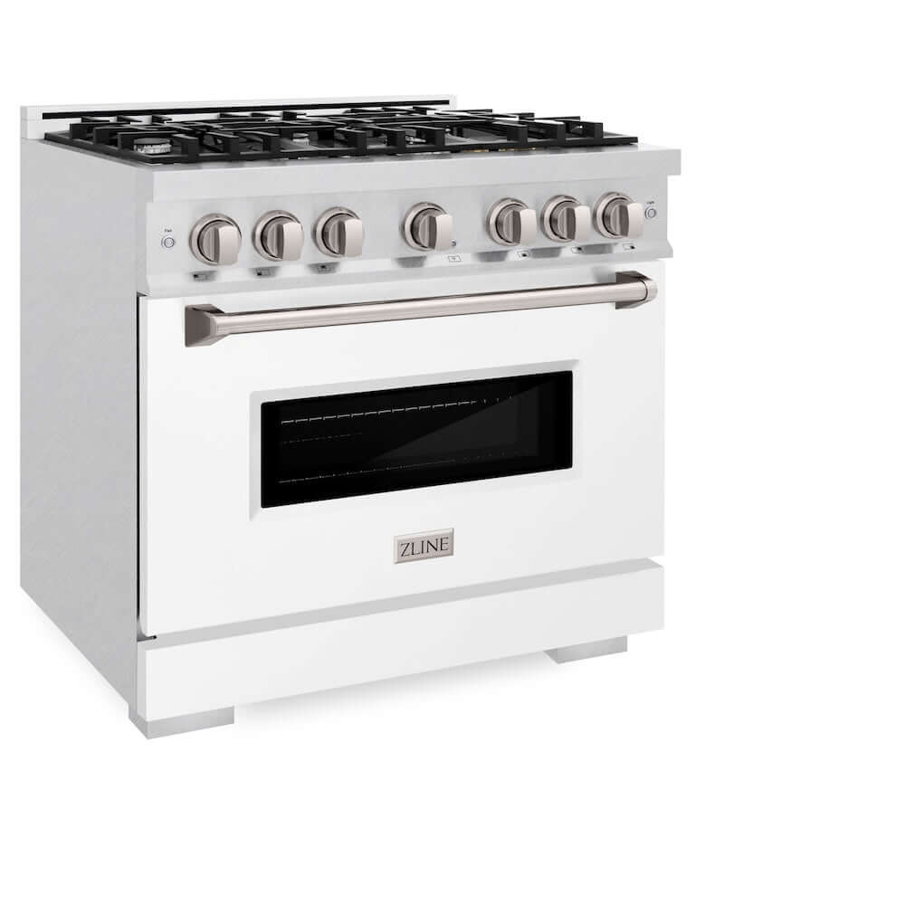 ZLINE 36 Inch 5.2 Cu. Ft. Classic Gas Range with 6 Burner Cooktop & Convection Gas Oven - Satin Stainless Steel with White Matte Door (CGRS WM 36) - Perfect for Home Kitchens, Restaurants & Professional Cooking