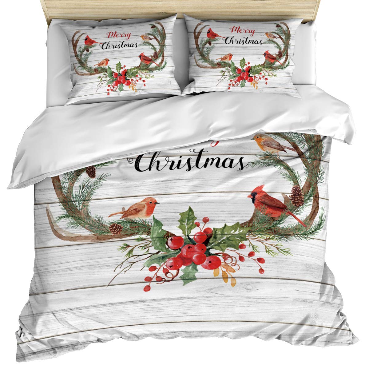 Luxury King Size Duvet Cover Set - 3 Piece Christmas Reindeer Horns Cardinals Farmhouse Style Cotton Bedding with Pillow Shams | Soft Washable Wood Berry Farm Design for Bedroom Decor | Perfect for Holiday Season, Cozy Winter Nights & Farmhouse Themed Bedrooms