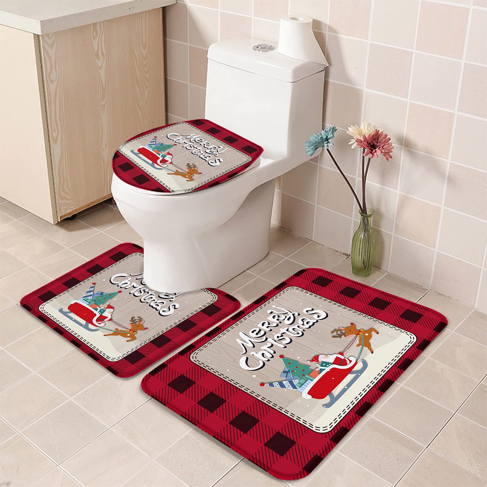 OneHoney 3-Piece Winter Christmas Bathroom Rug Set - Non-Slip Water Absorbent Floor Mats with Deer & Sled Design, Santa Claus & Xmas Tree Toilet Seat Cover - Cozy Holiday Home Decor for Bathroom, Guest Room & Seasonal Celebration