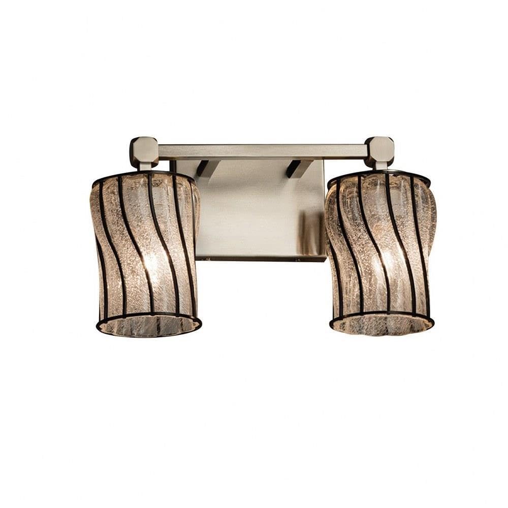 Justice Design Group Tetra 2-Light Bath Bar - Brushed Nickel Finish with Swirl & Clear Bubbles Glass Shade - Wire Glass Cylinder with Flat Rim - Perfect for Modern Bathroom Vanity Lighting (Model: WGL-8422-10-SWCB-NCKL)