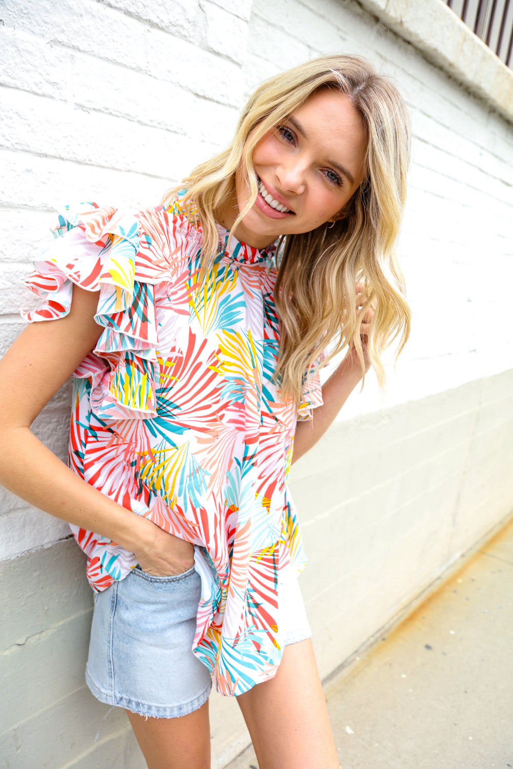 Elegant Ivory Abstract Print Blouse with Frill Neck & Flutter Sleeves - Perfect for Date Night, Office Wear & Special Occasions