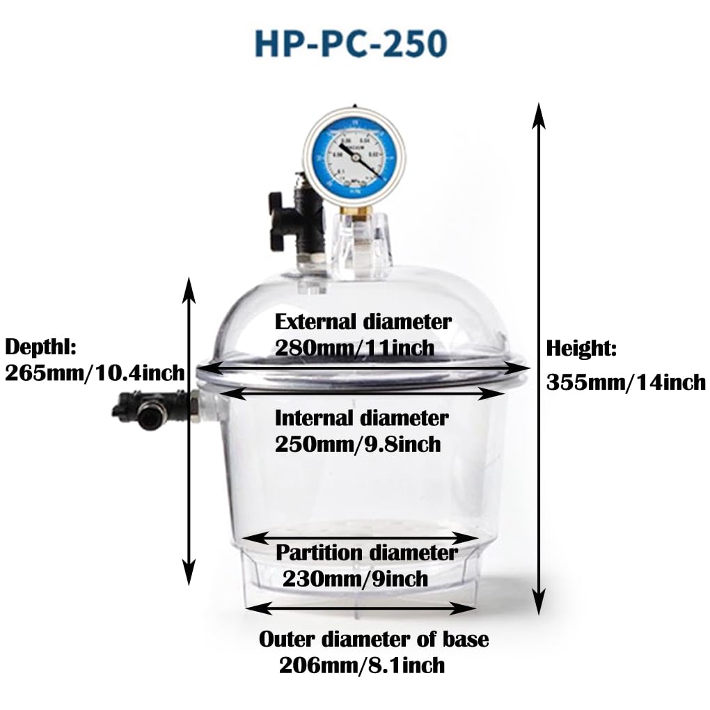 150mm & 250mm Professional Vacuum Dryer | Polycarbonate Plastic Vacuum Desiccator with Double Valve & Pressure Gauge | Laboratory & Scientific Equipment | Perfect for Drying, Storing Chemicals, Electronics & Sensitive Materials (250mm Size)